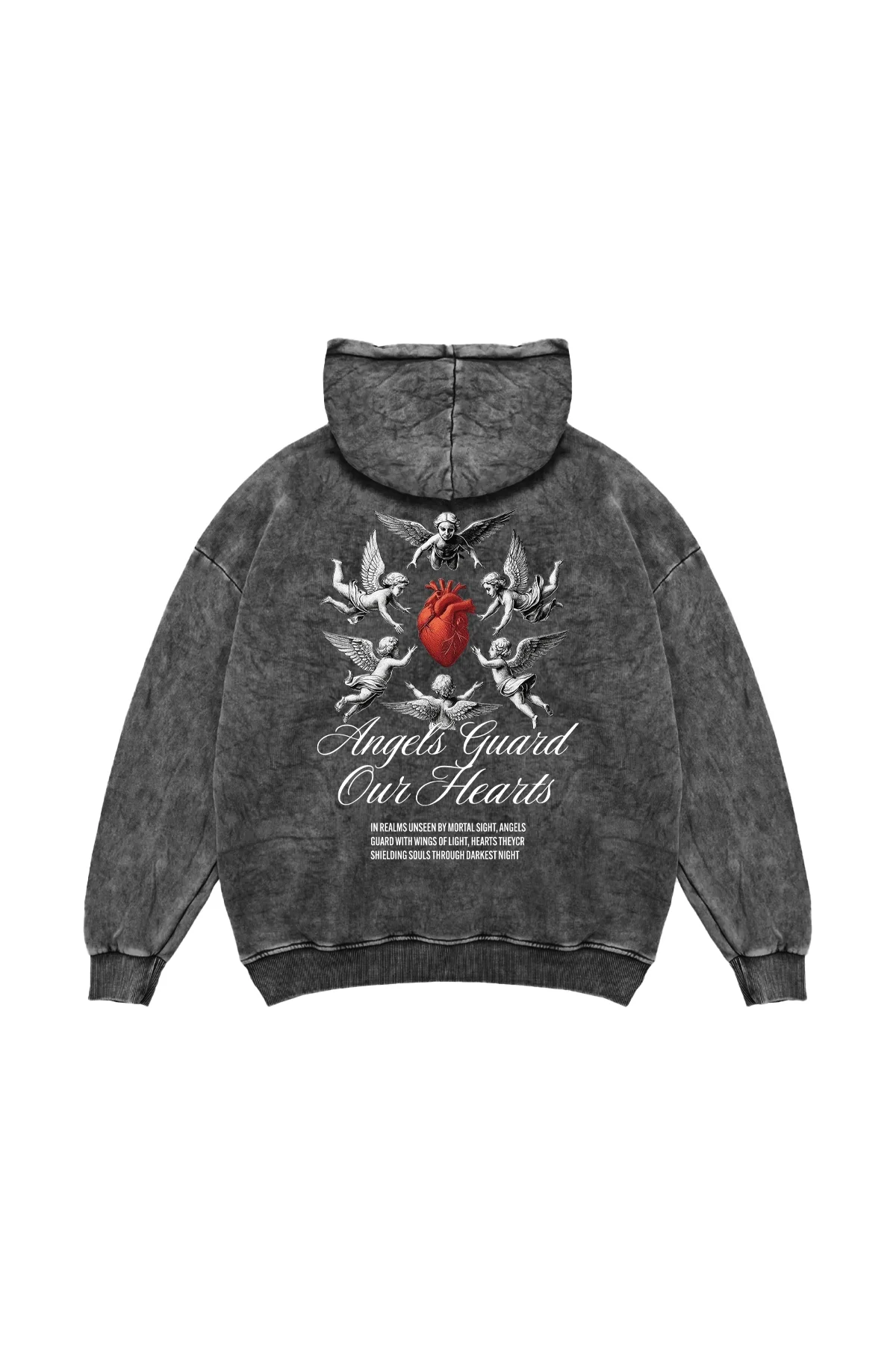 Angels Guard Our Hearts Baskılı Oversize Unisex Yıkamalı Siyah Hoodie