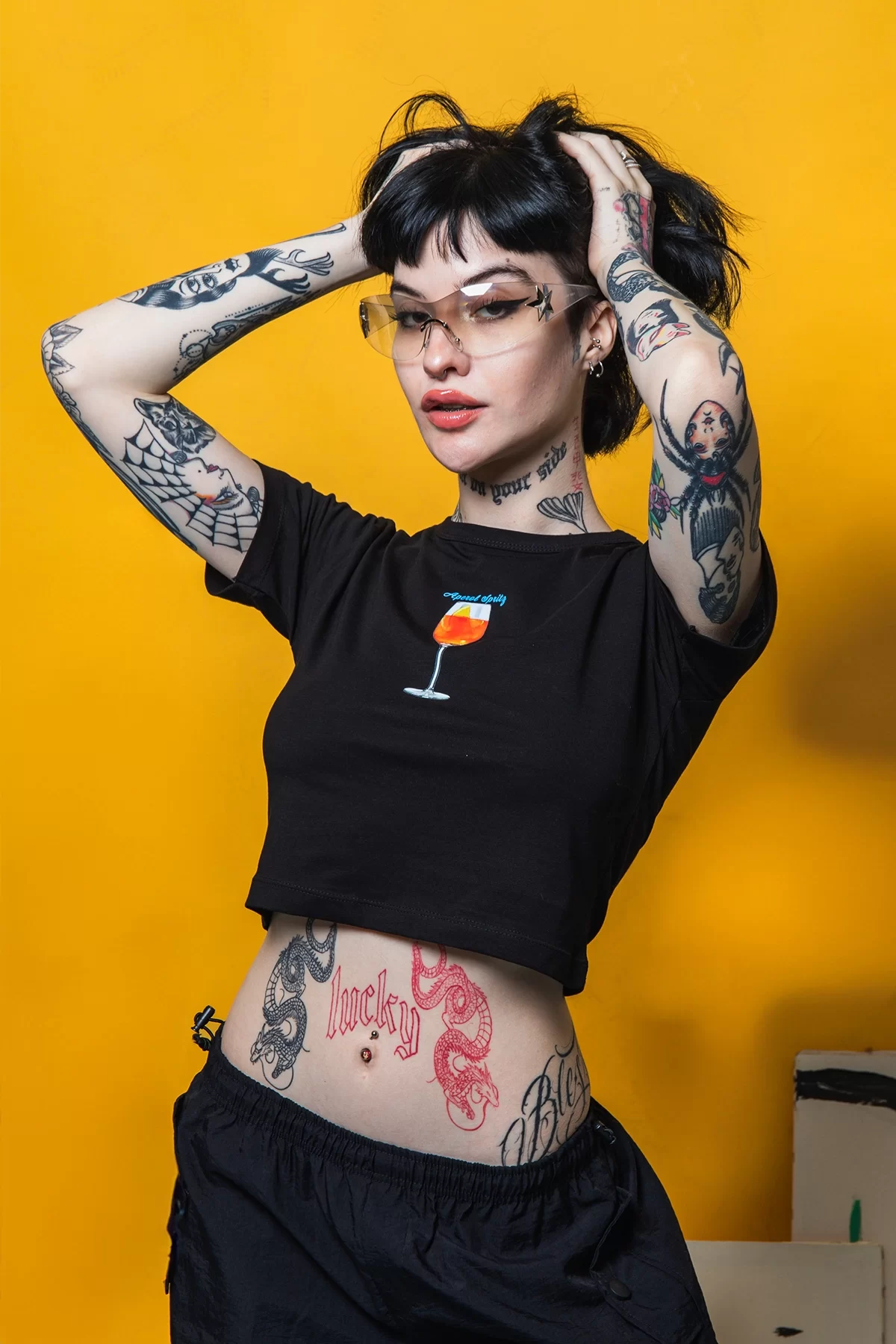 Aperol Spritz Baskılı Siyah Crop Top