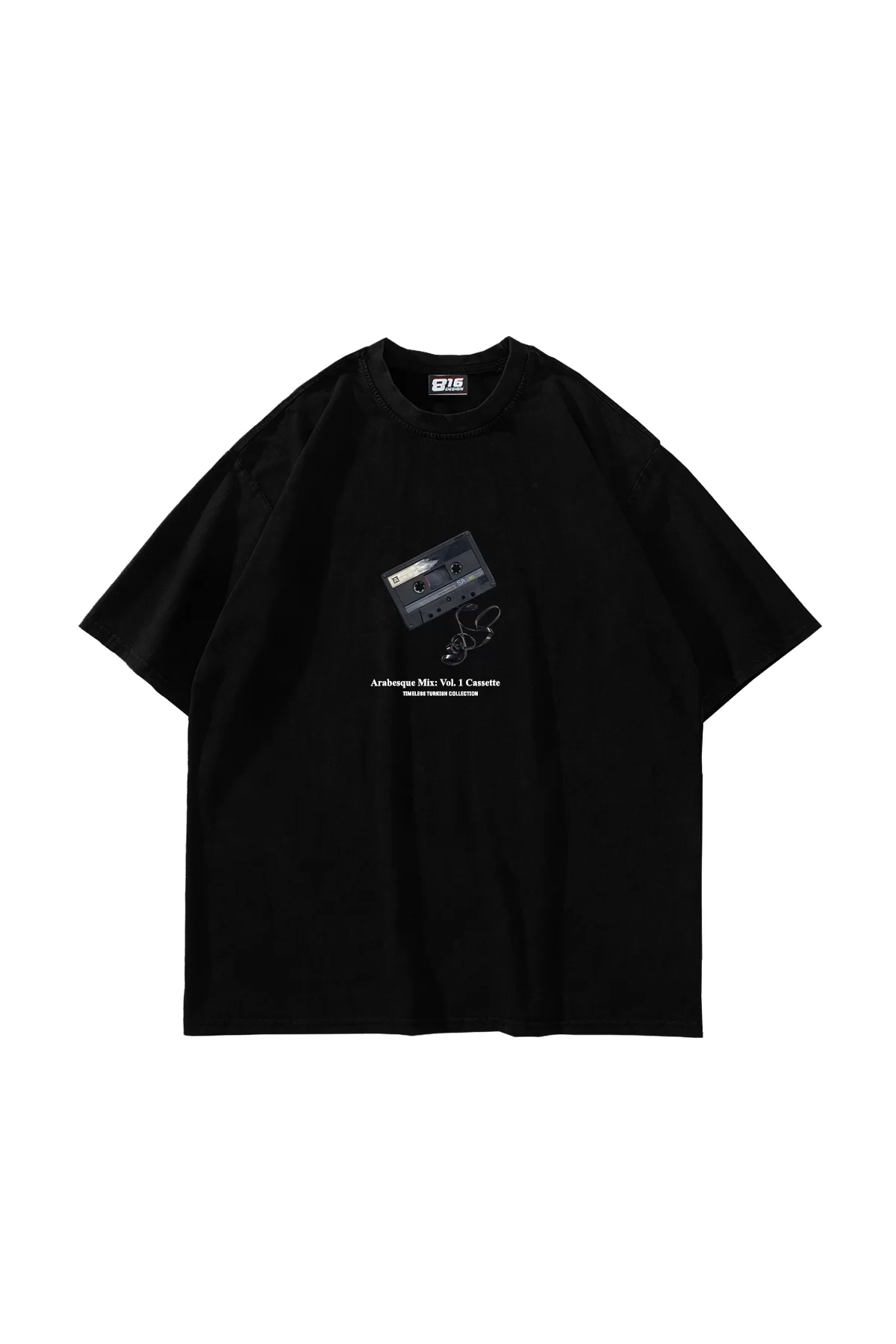 Arabesque Cassette Baskılı Oversize Unisex Siyah Tshirt