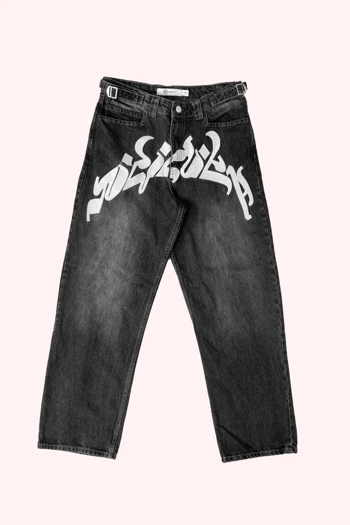 Arabic Font Beyaz Patch Detaylı Premium Wide Leg Füme Erkek Pantolon