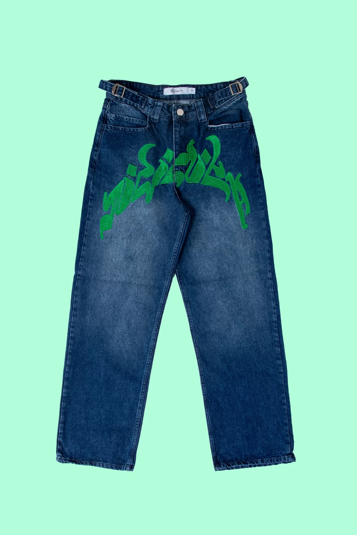 Arabic Font Yeşil Patch Detaylı Premium Wide Leg Lacivert Erkek Pantolon