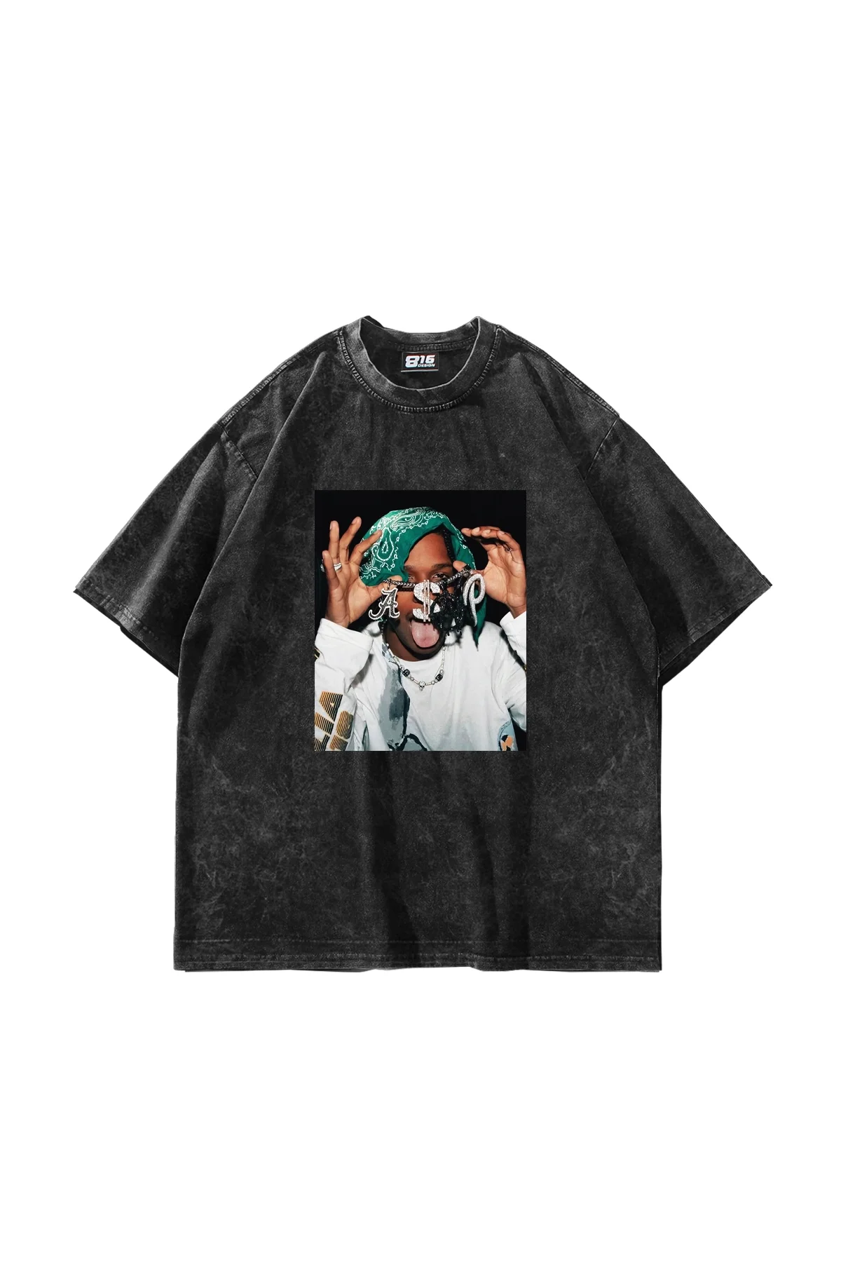 Asap Rocky V2 Baskılı Oversize Unisex Yıkamalı Siyah Tshirt