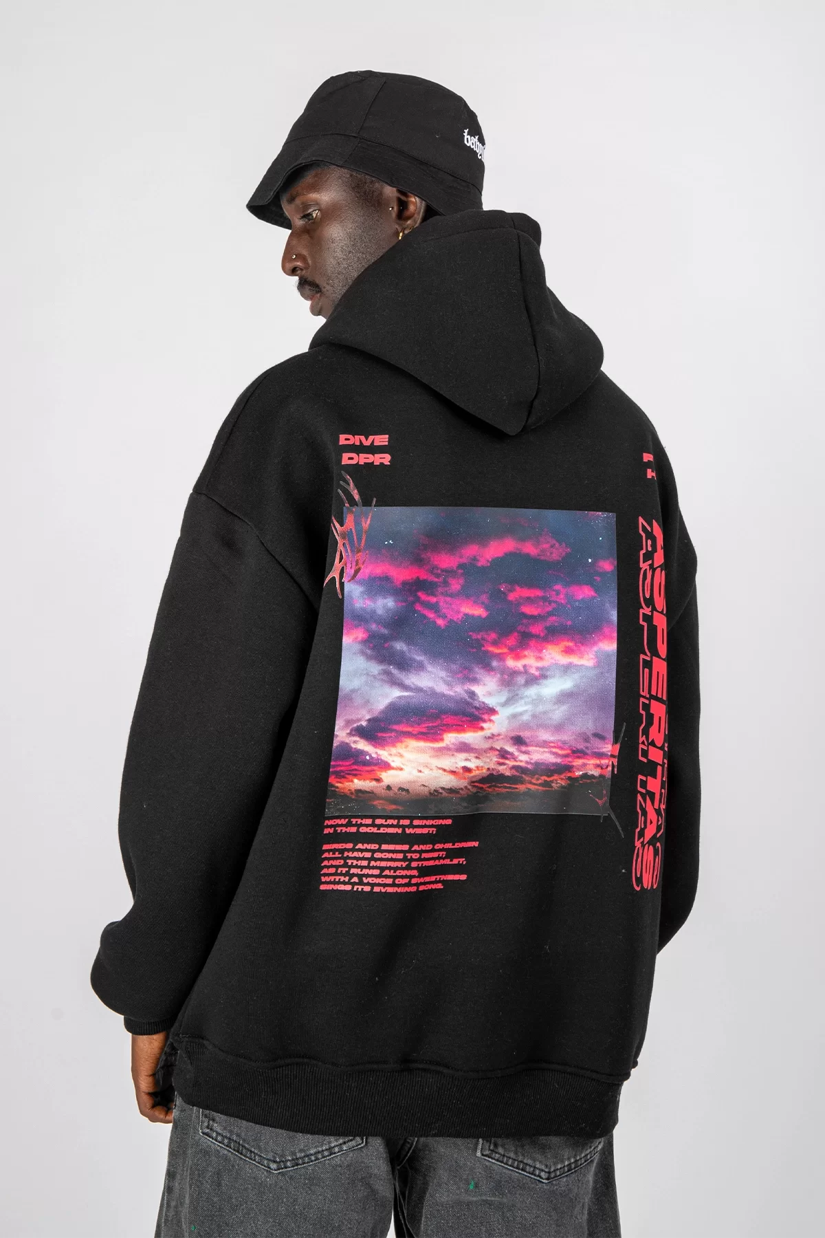 Asperitas Sırt Baskılı Oversize Unisex Siyah Hoodie