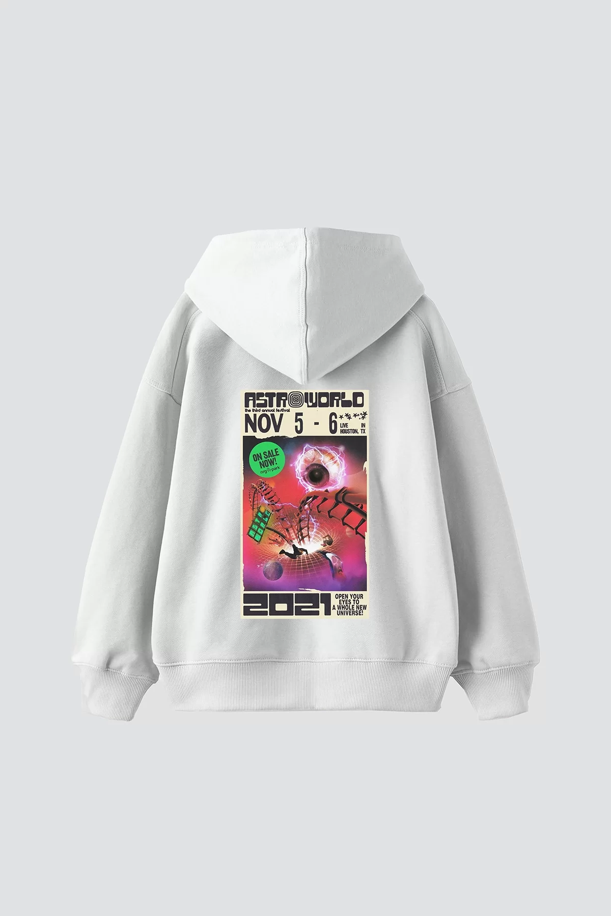 AstroWorld Baskılı Oversize Unisex Beyaz Hoodie