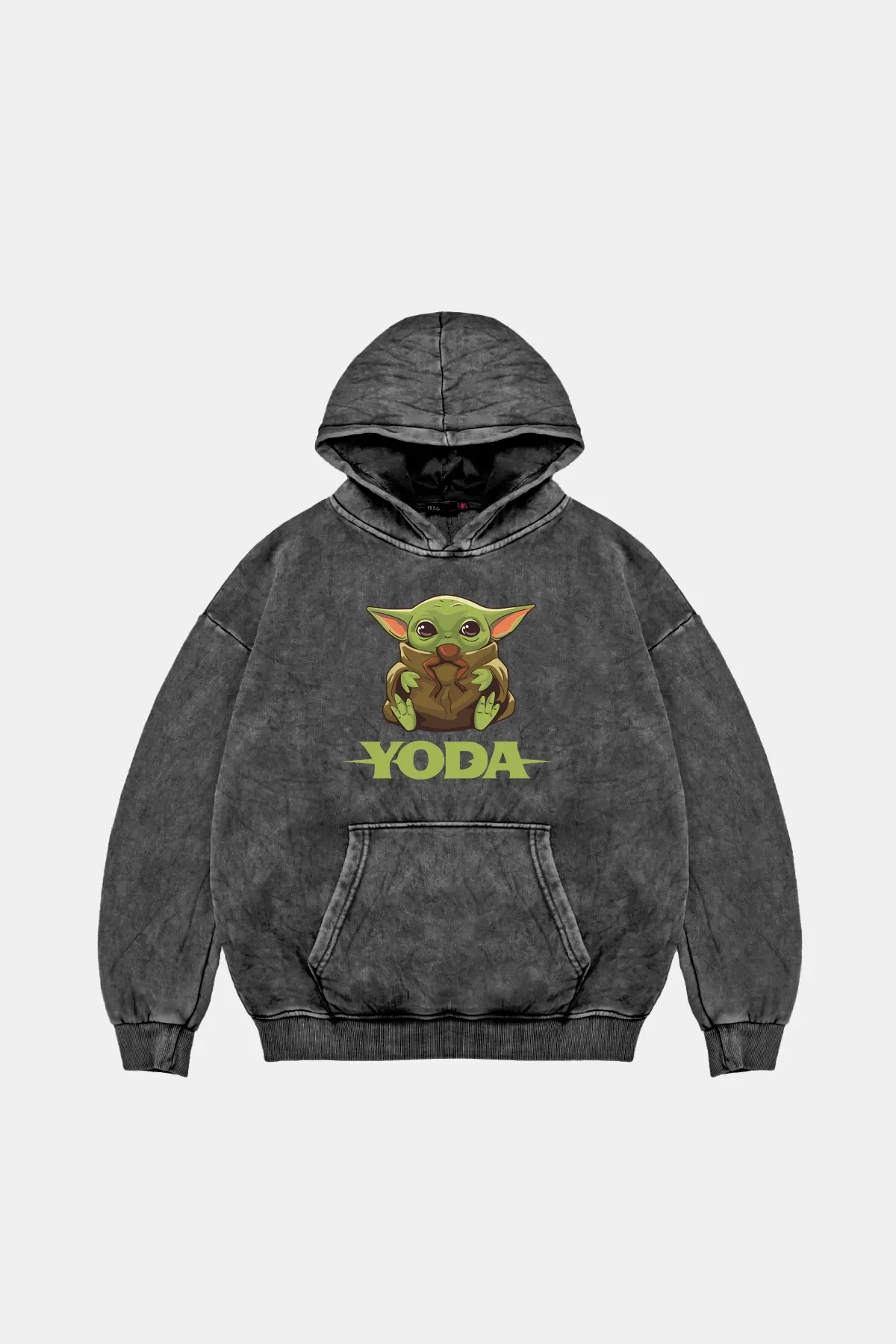 Baby Yoda Baskılı Oversize Unisex Yıkamalı Siyah Hoodie