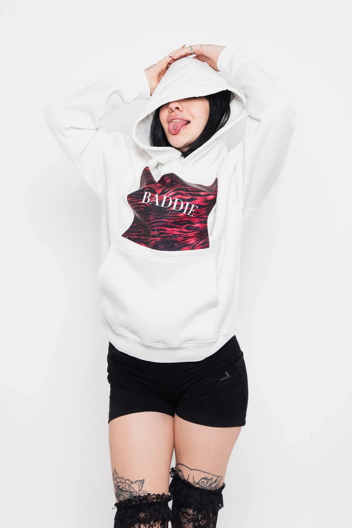 Baddie Baskılı Oversize Unisex Beyaz Hoodie