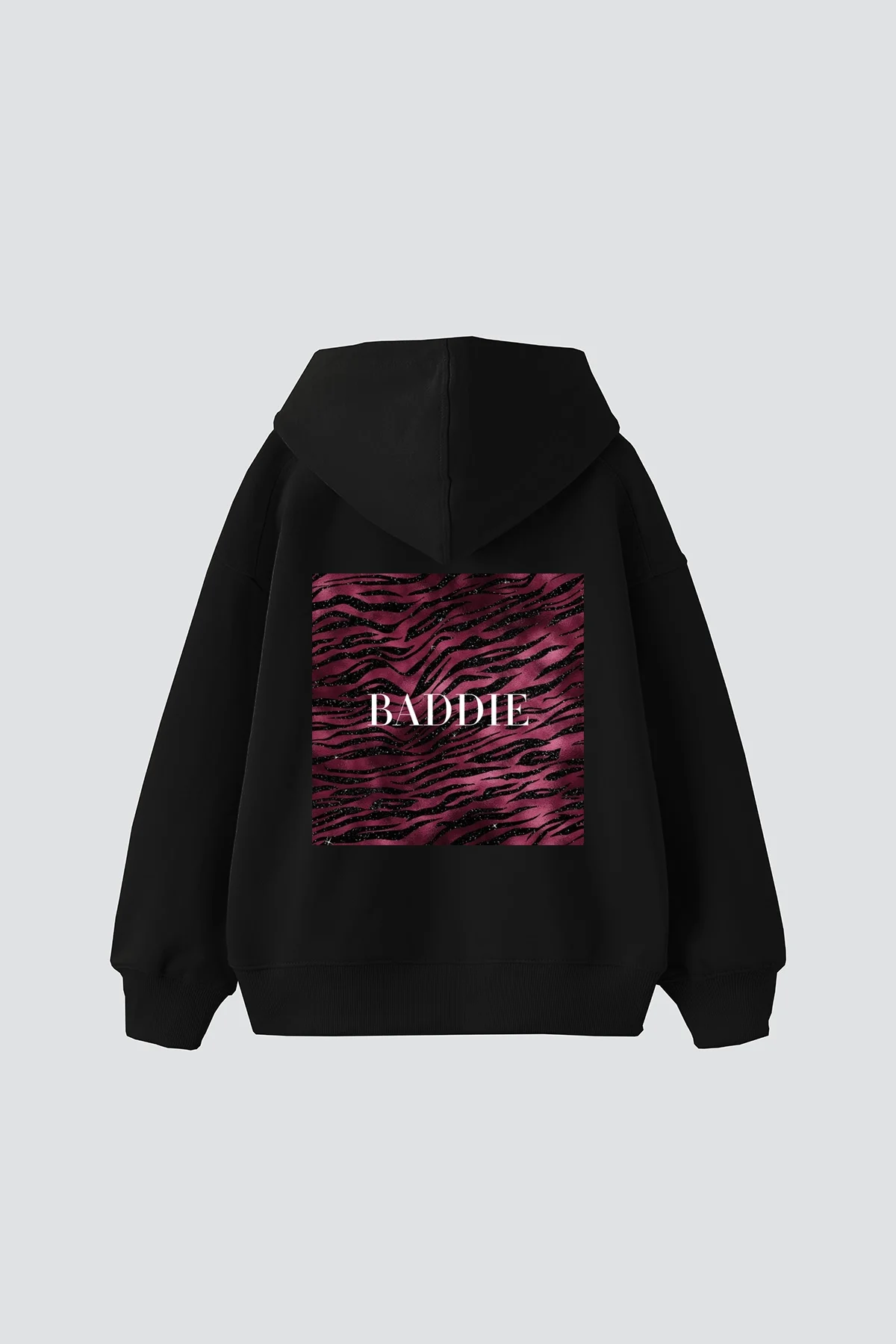 Baddie Baskılı Oversize Unisex Siyah Hoodie