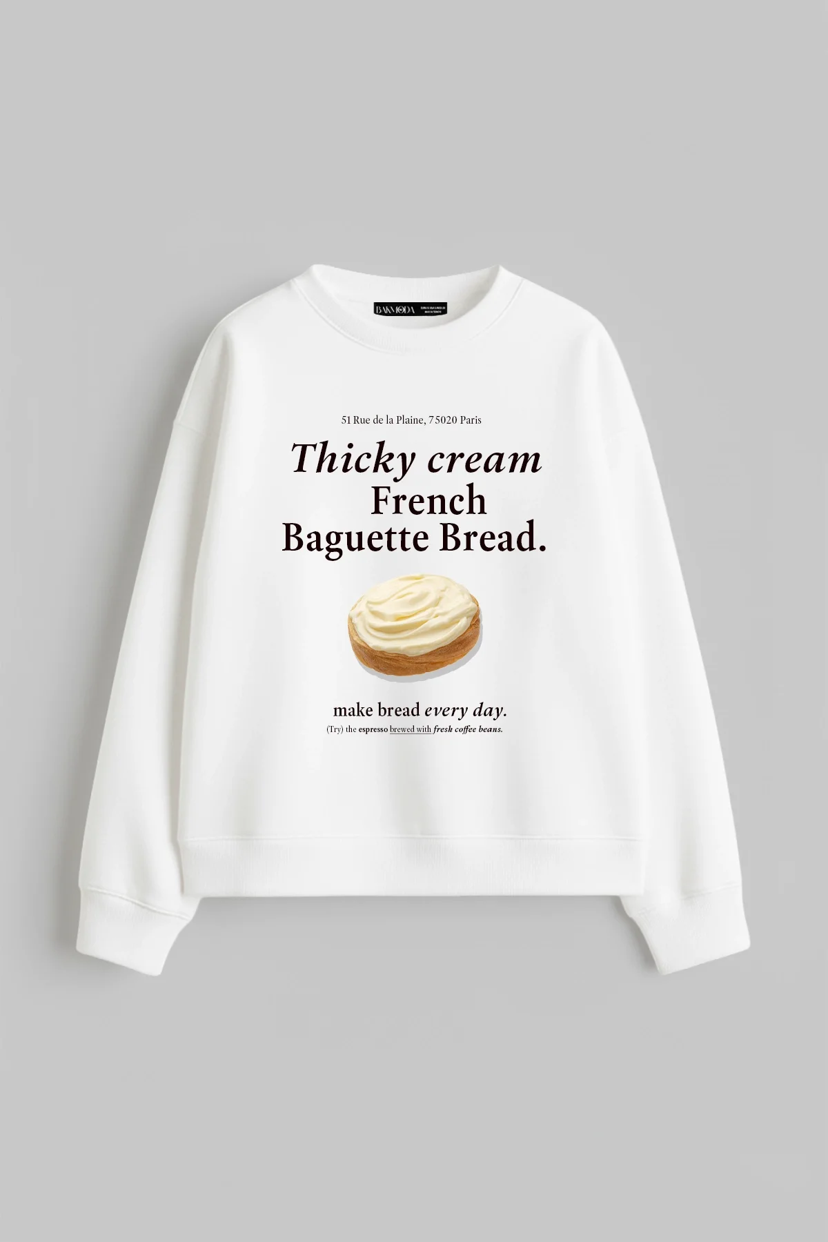 Baguette Bread Baskılı Kapüşonsuz Relaxed Fit Kadın Beyaz Sweatshirt