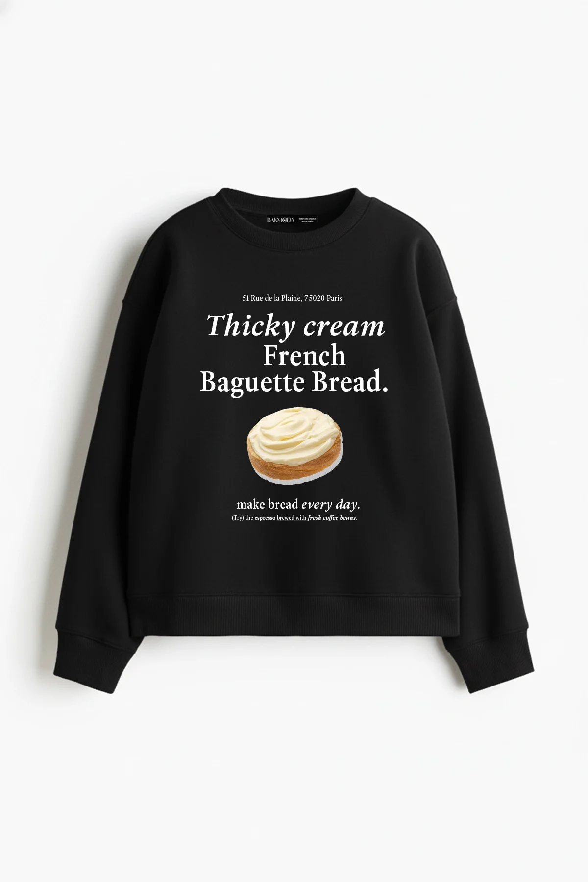 Baguette Bread Baskılı Kapüşonsuz Relaxed Fit Kadın Siyah Sweatshirt