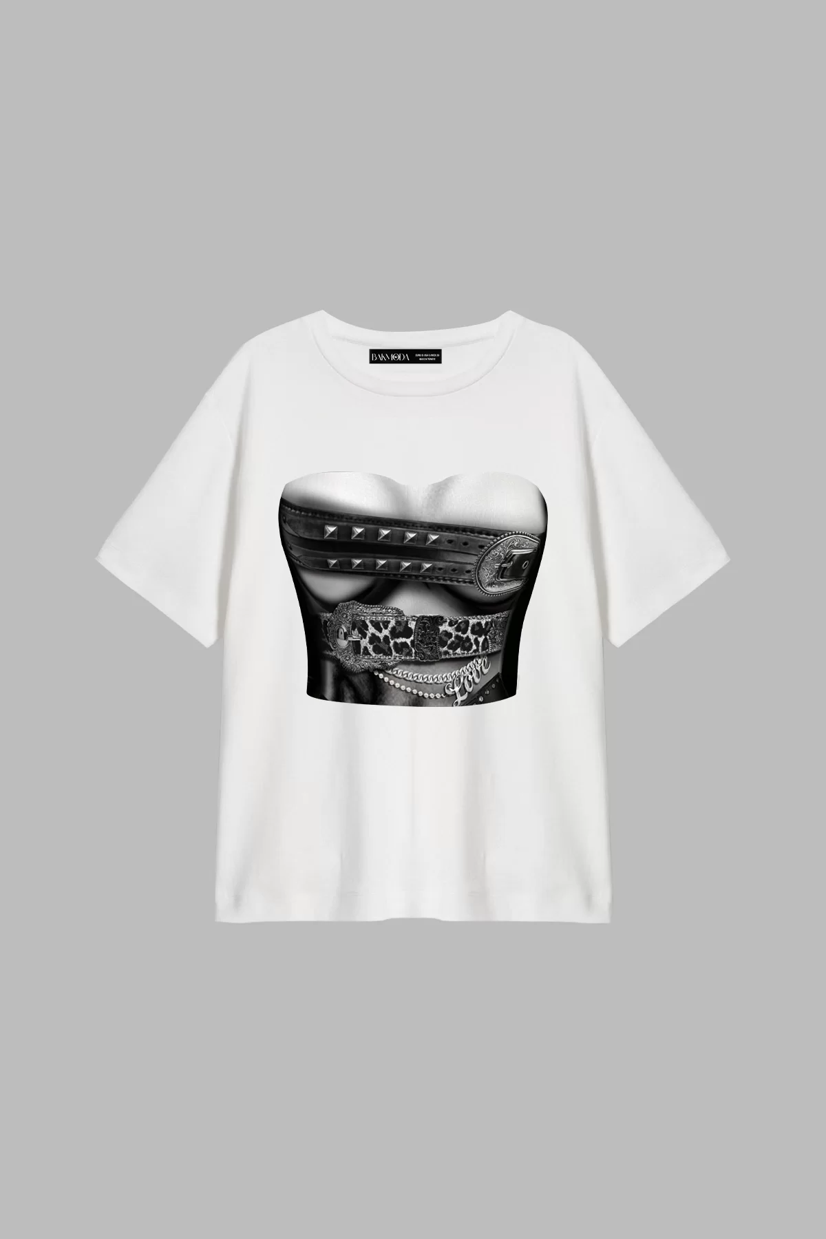 Belted Baskılı Relaxed Fit Beyaz Kadın Tshirt