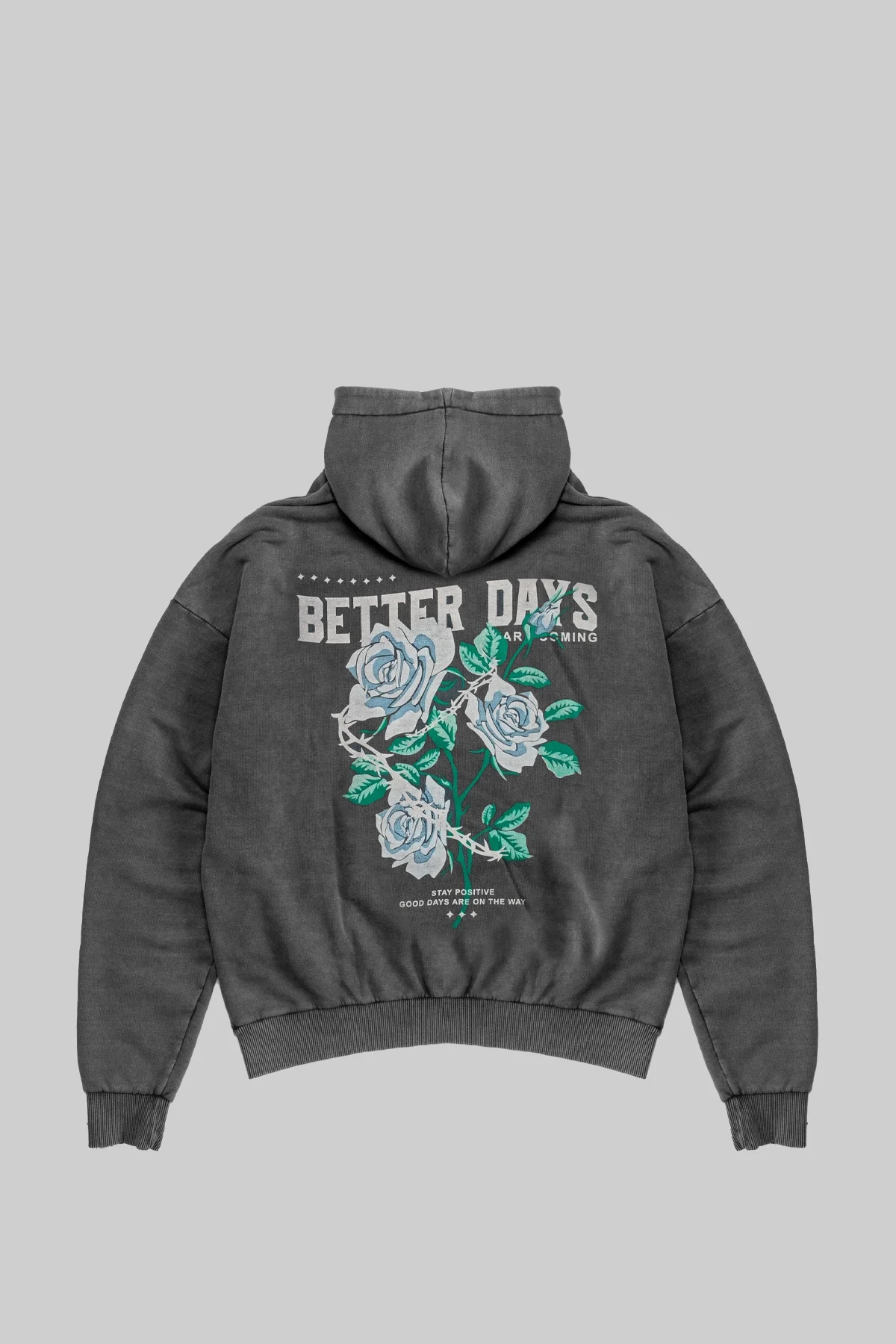 Better Days Rose Sırt Baskılı Oversize Unisex Yıkamalı Füme Hoodie