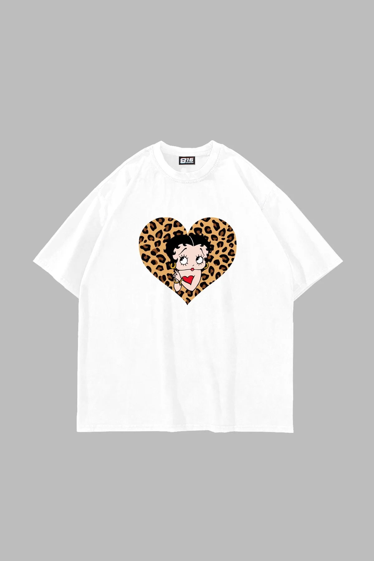 Betty Boop Leopar Baskılı Oversize Unisex Premium Beyaz Tshirt