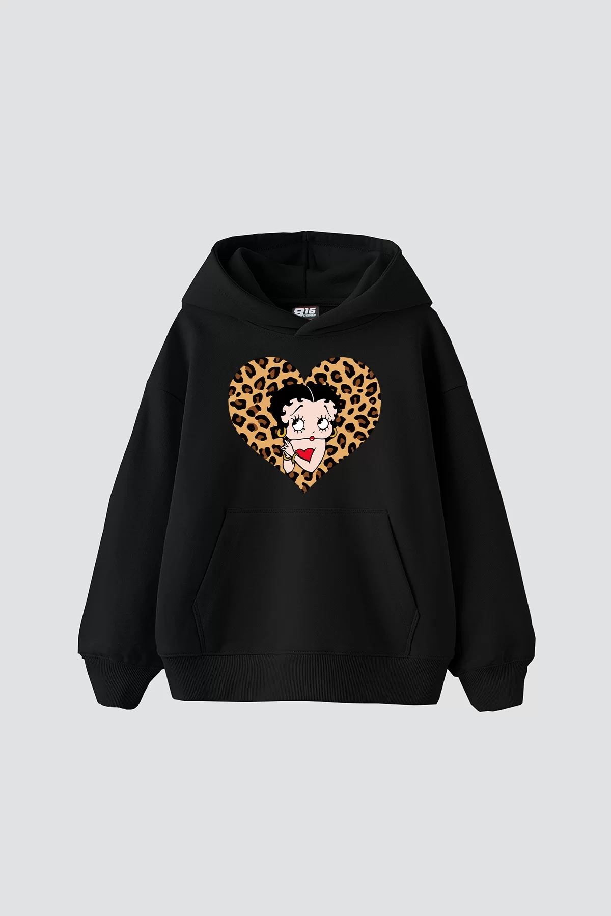 Betty Boops Baskılı Oversize Unisex Premium Siyah Hoodie