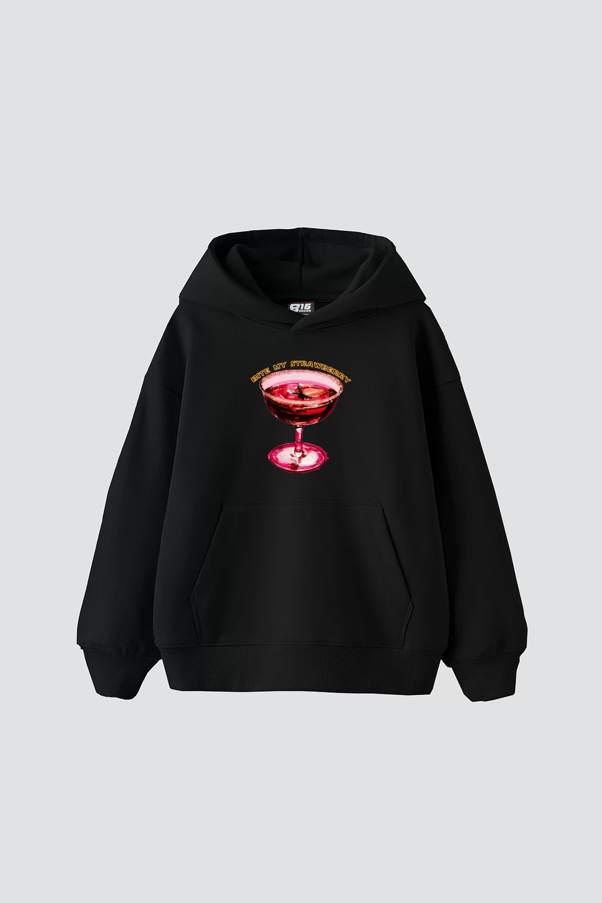 Bite My Strawberry Baskılı Oversize Unisex Premium Siyah Hoodie