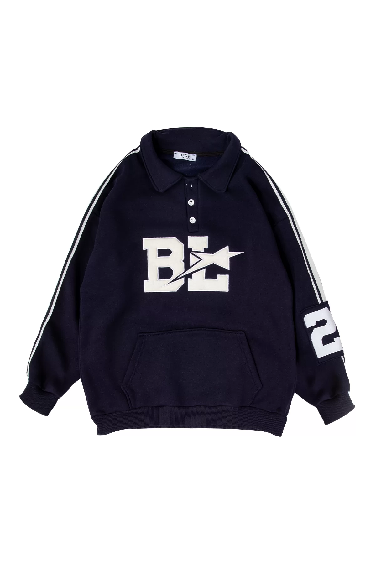 BL23 Kol Patch Detaylı Polo Yaka Oversize Unisex Lacivert Sweatshirt