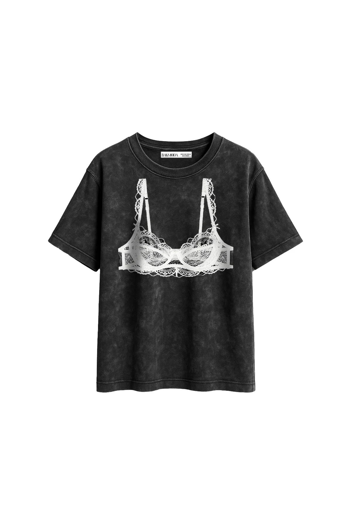 Black Bra Baskılı Relaxed Fit Yıkamalı Siyah Kadın Tshirt