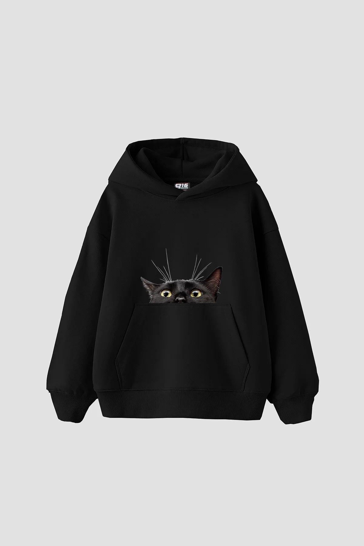 B. Cat Baskılı Oversize Unisex Premium Siyah Hoodie