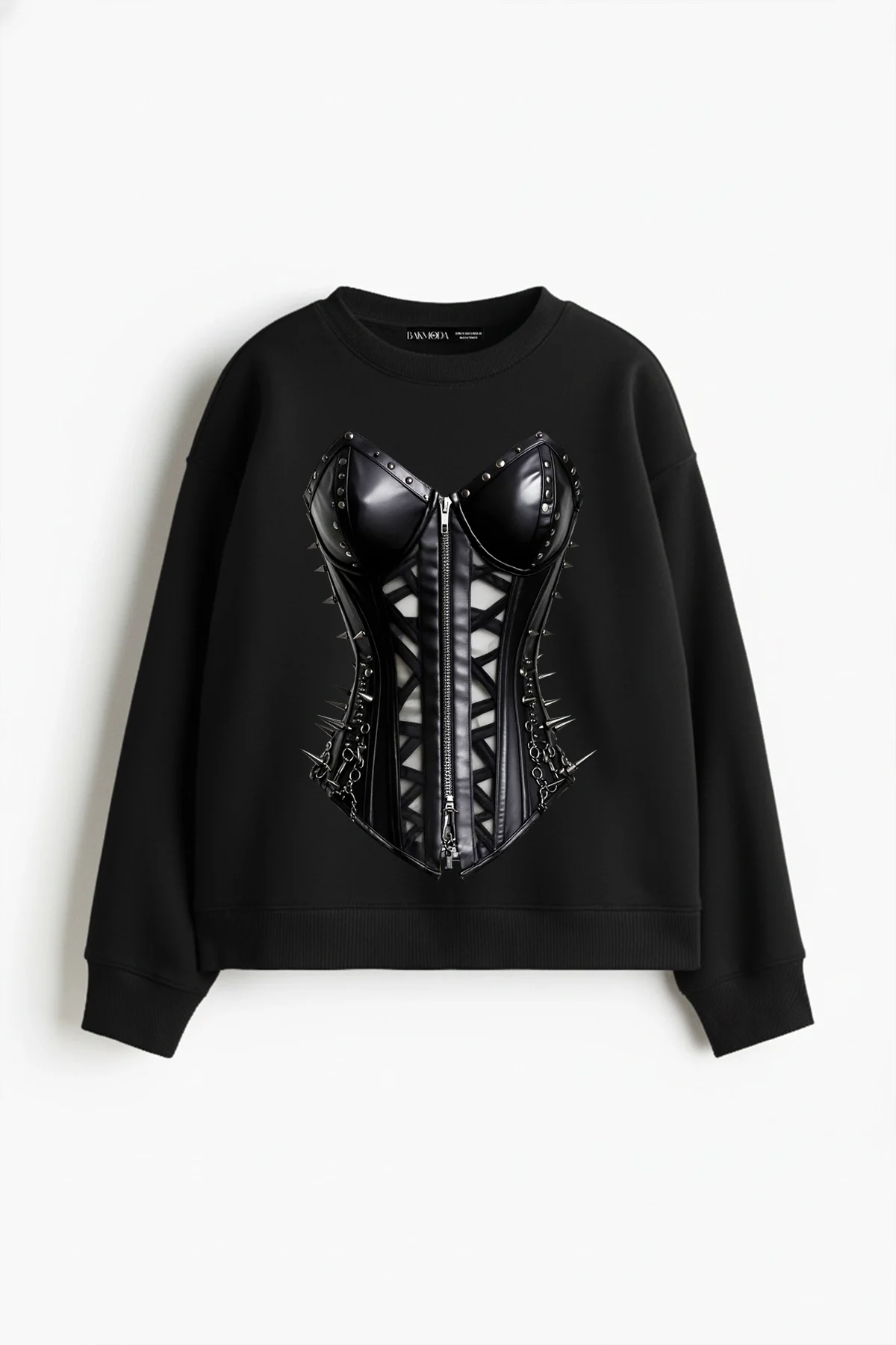 Black Cat Corset Baskılı Kapüşonsuz Relaxed Fit Kadın Siyah Sweatshirt