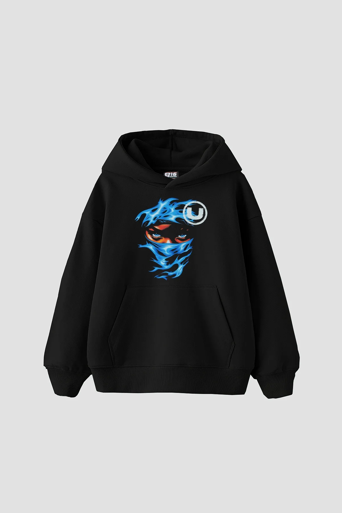 Blue Flame Baskılı Oversize Unisex Siyah Hoodie