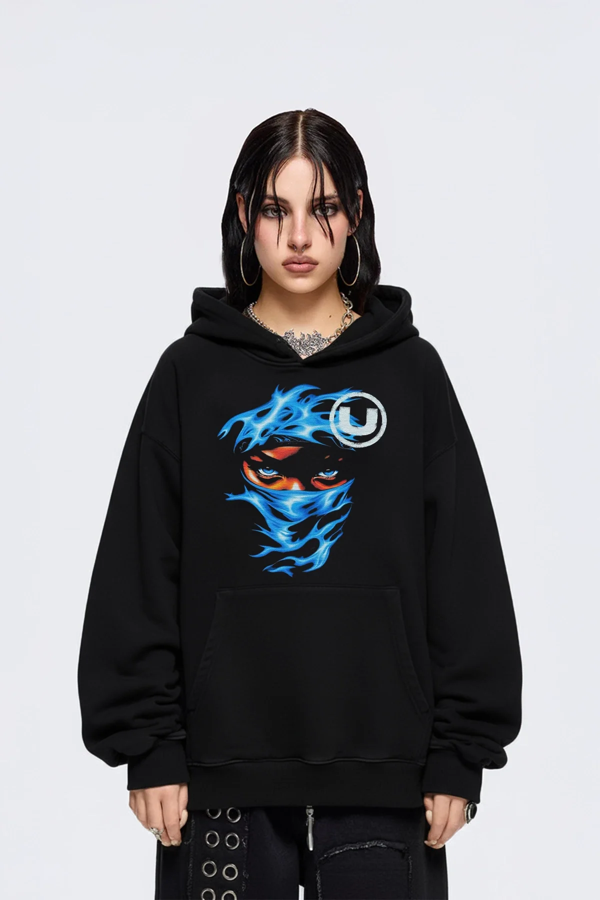 Blue Flame Baskılı Oversize Unisex Siyah Hoodie