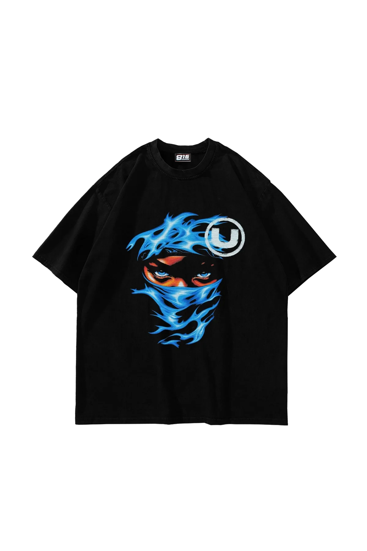 Blue Flame Baskılı Oversize Unisex Siyah Tshirt