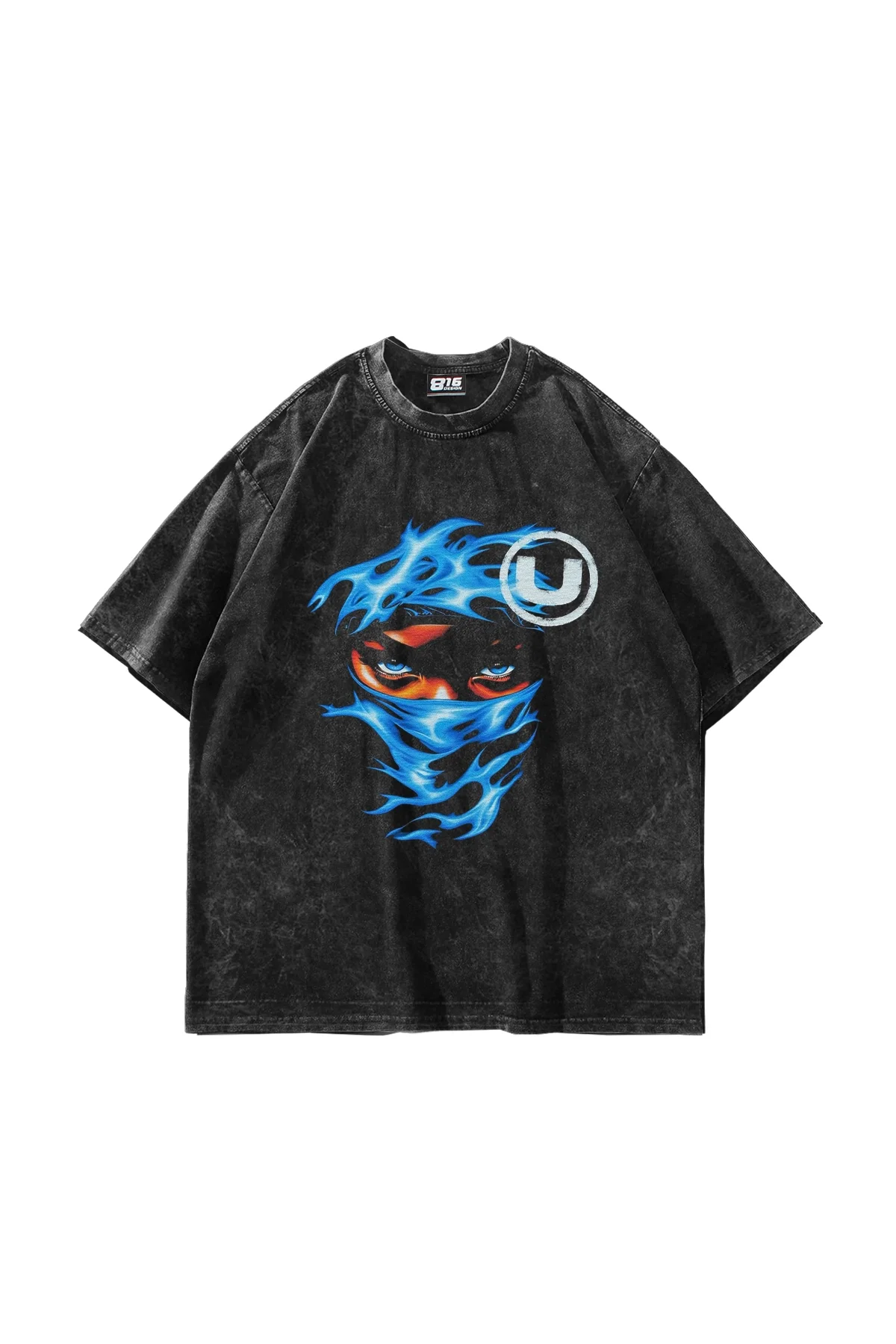 Blue Flame Baskılı Oversize Unisex Yıkamalı Siyah Tshirt