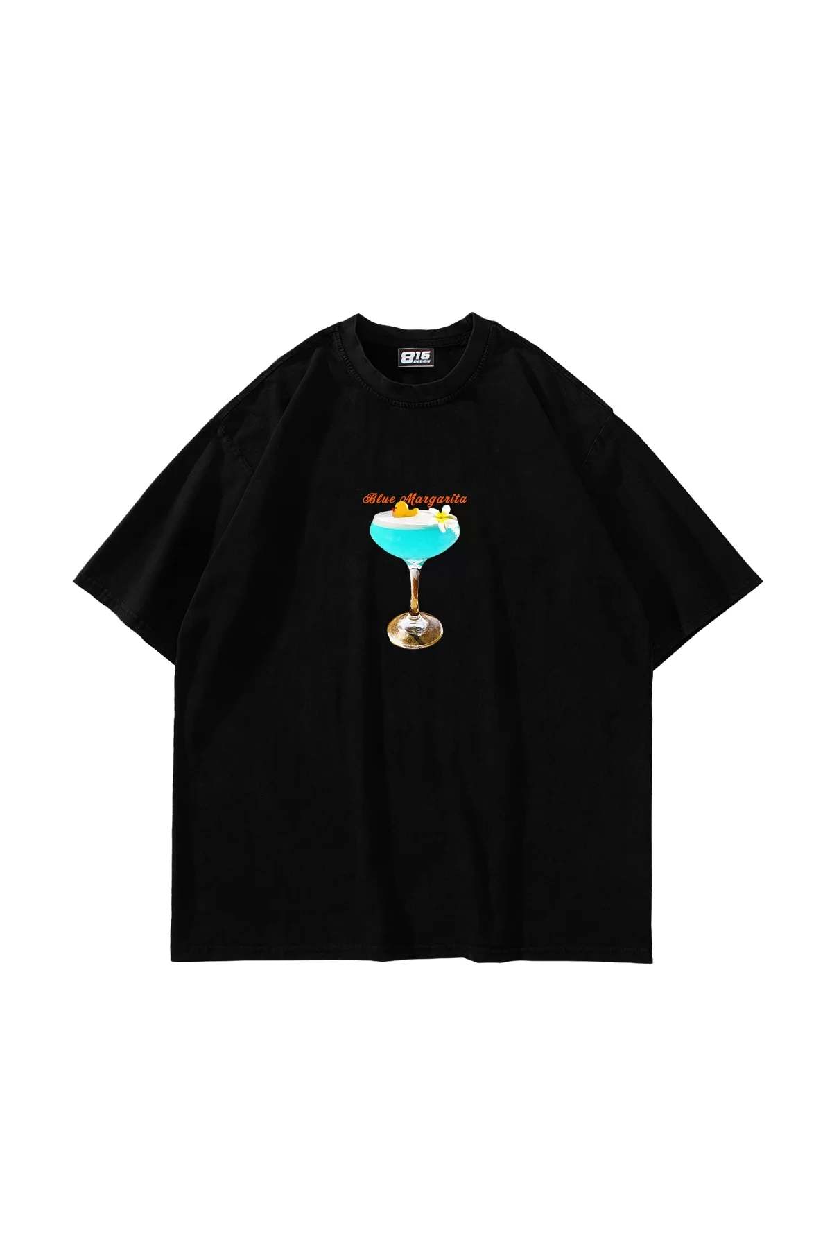 Blue Margarita Baskılı Siyah Oversize Unisex Tshirt