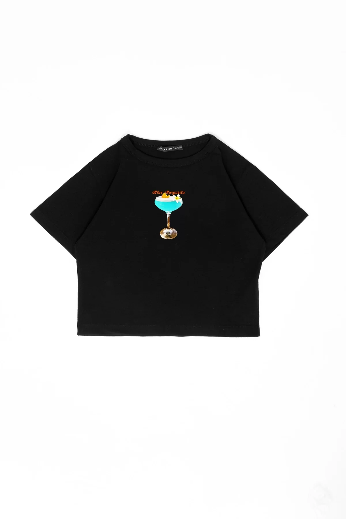 Blue Margharita Baskılı Siyah Crop Top