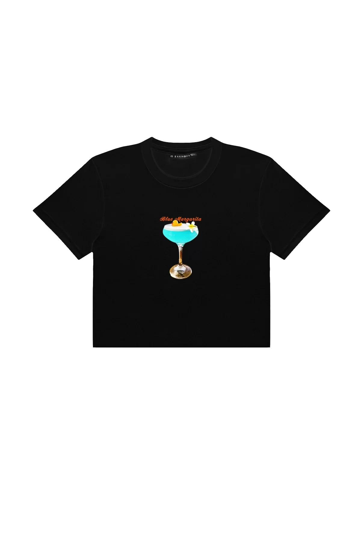 Blue Margharita Baskılı Siyah Crop Top