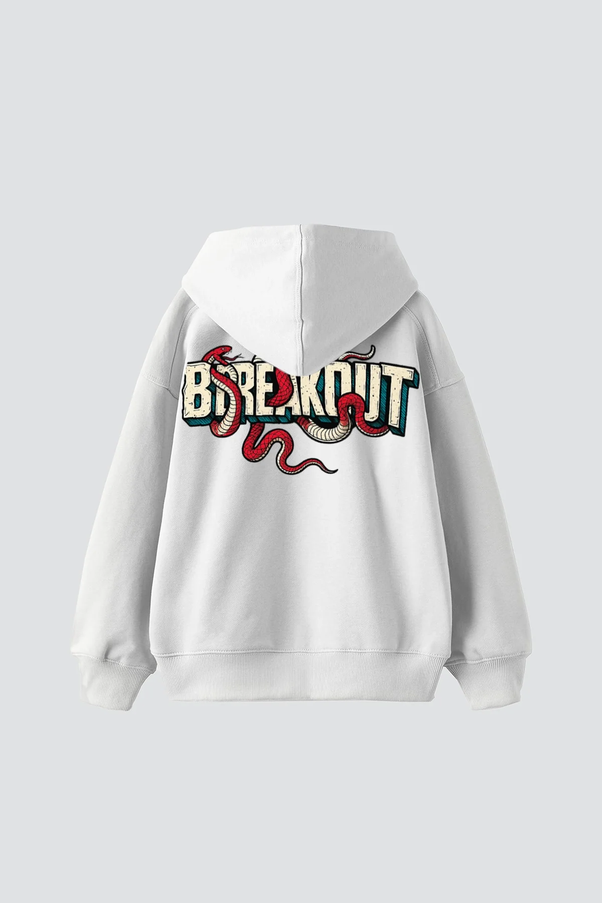 Breakout Baskılı Oversize Unisex Beyaz Hoodie