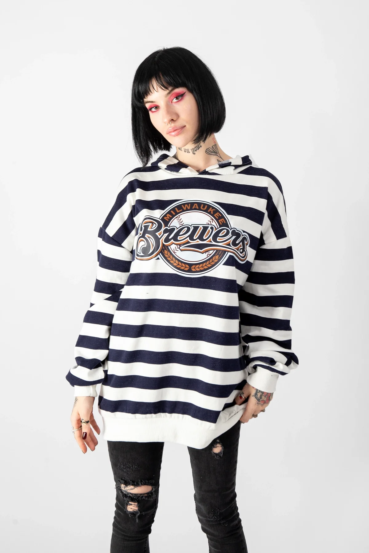Brewers Baskılı Oversize Unisex Lacivert Çizgili Hoodie