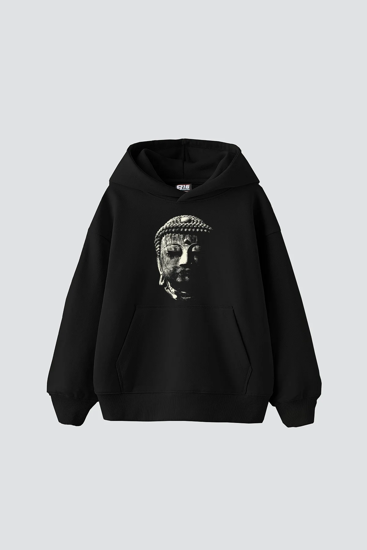 Buddha Baskılı Oversize Unisex Siyah Hoodie