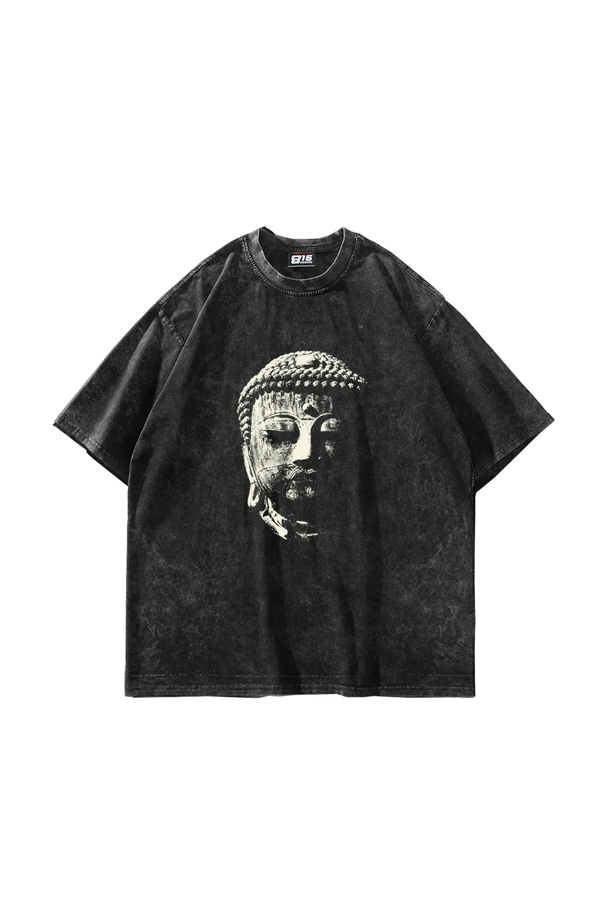 Buddha Baskılı Oversize Unisex Yıkamalı Siyah Tshirt