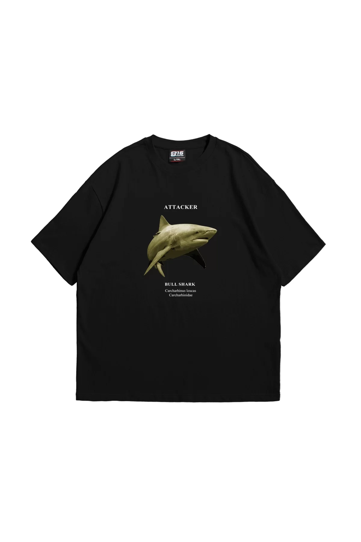 Bull Shark Baskılı Oversize Unisex Premium Siyah Tshirt