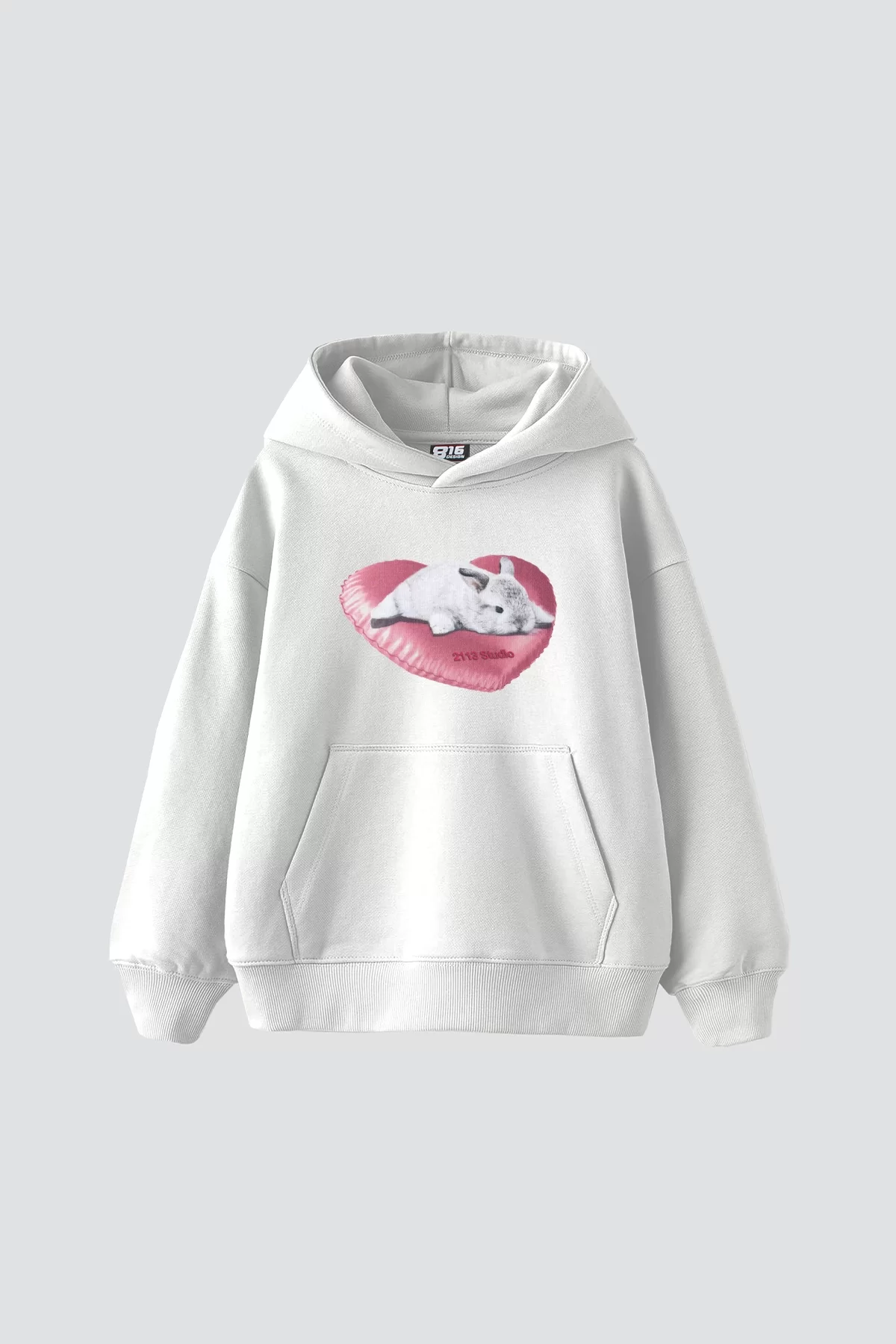 Bunny Baskılı Oversize Unisex Beyaz Hoodie