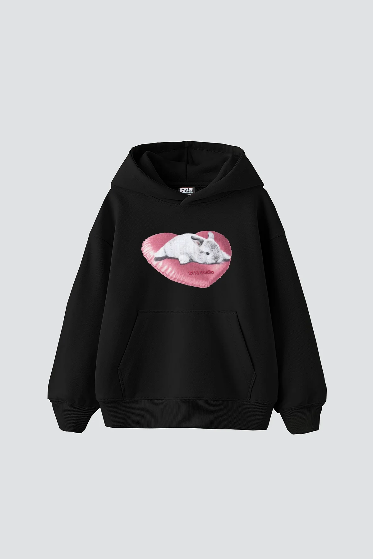 Bunny Baskılı Oversize Unisex Siyah Hoodie