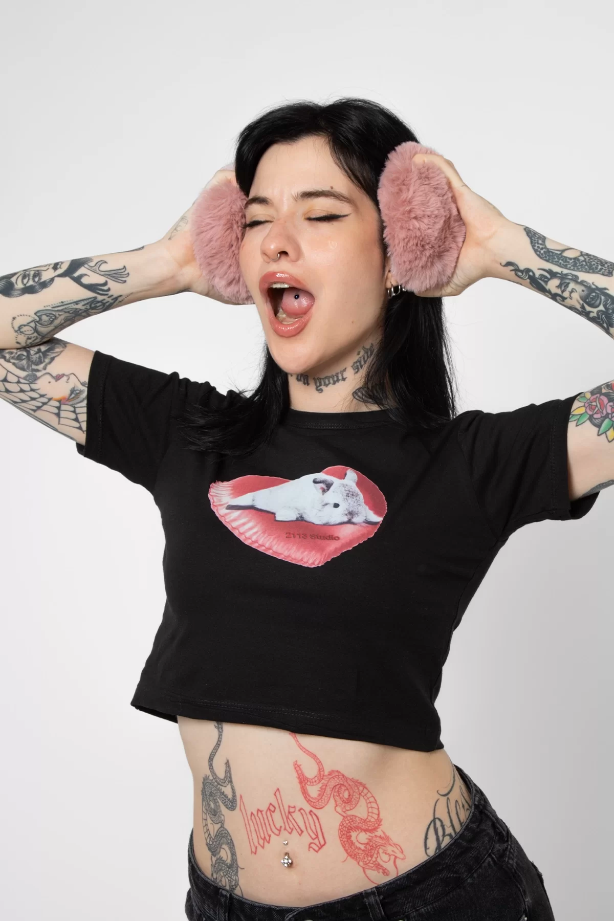 Bunny Baskılı Siyah Crop Top