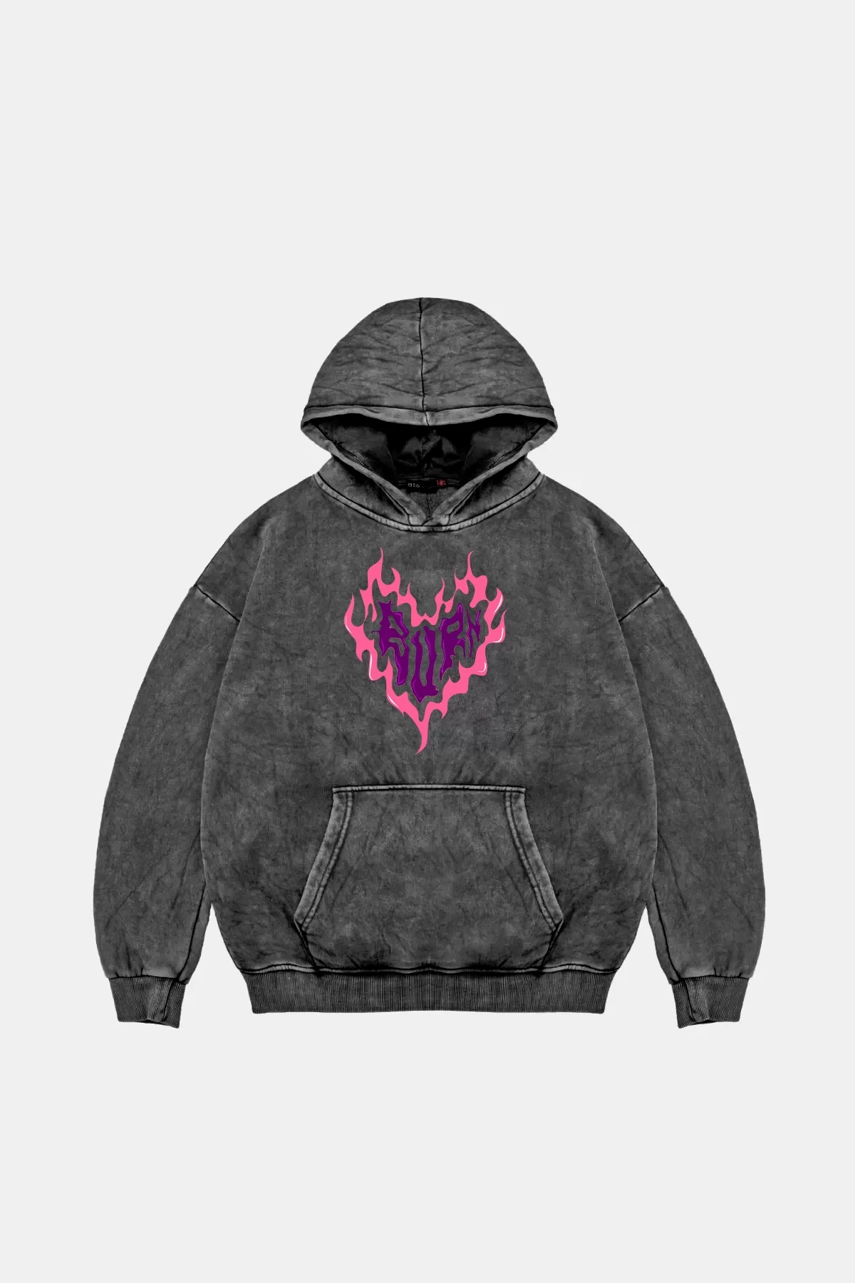 Burn Heart Baskılı Oversize Unisex Premium Yıkamalı Siyah Hoodie