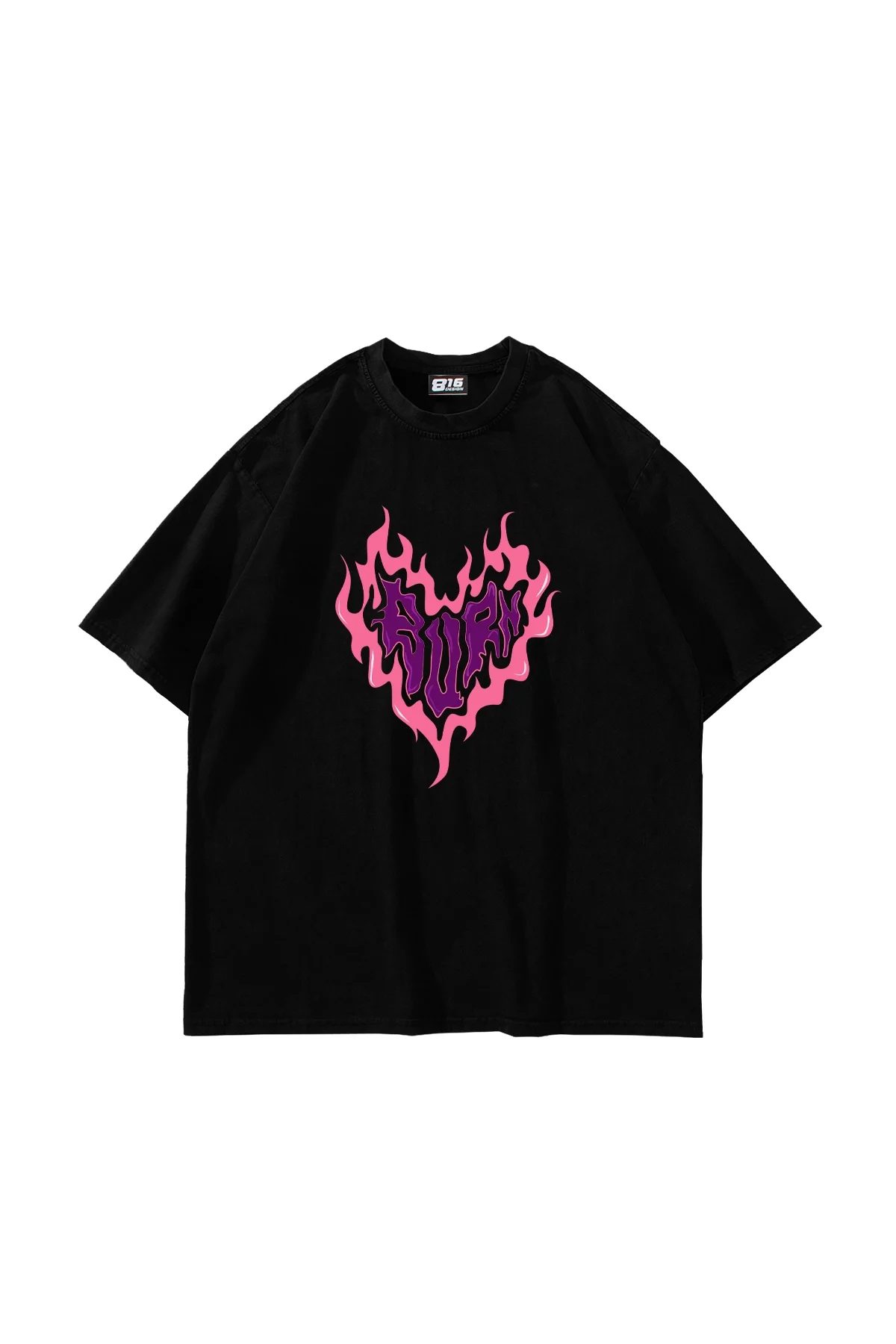 Burn Heart Baskılı Siyah Unisex Oversize Tshirt