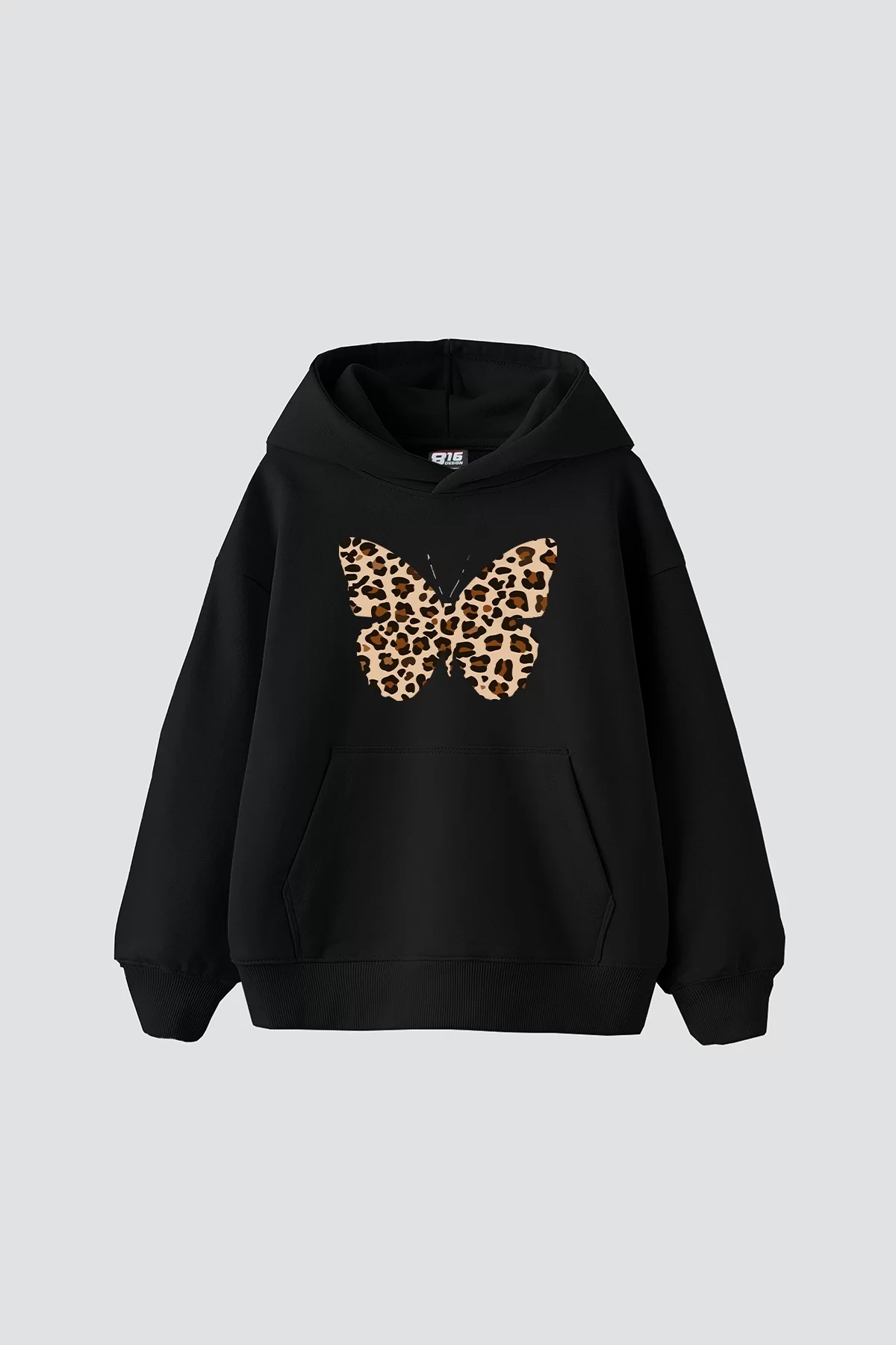 Butterfly Leopard Baskılı Oversize Unisex Premium Siyah Hoodie