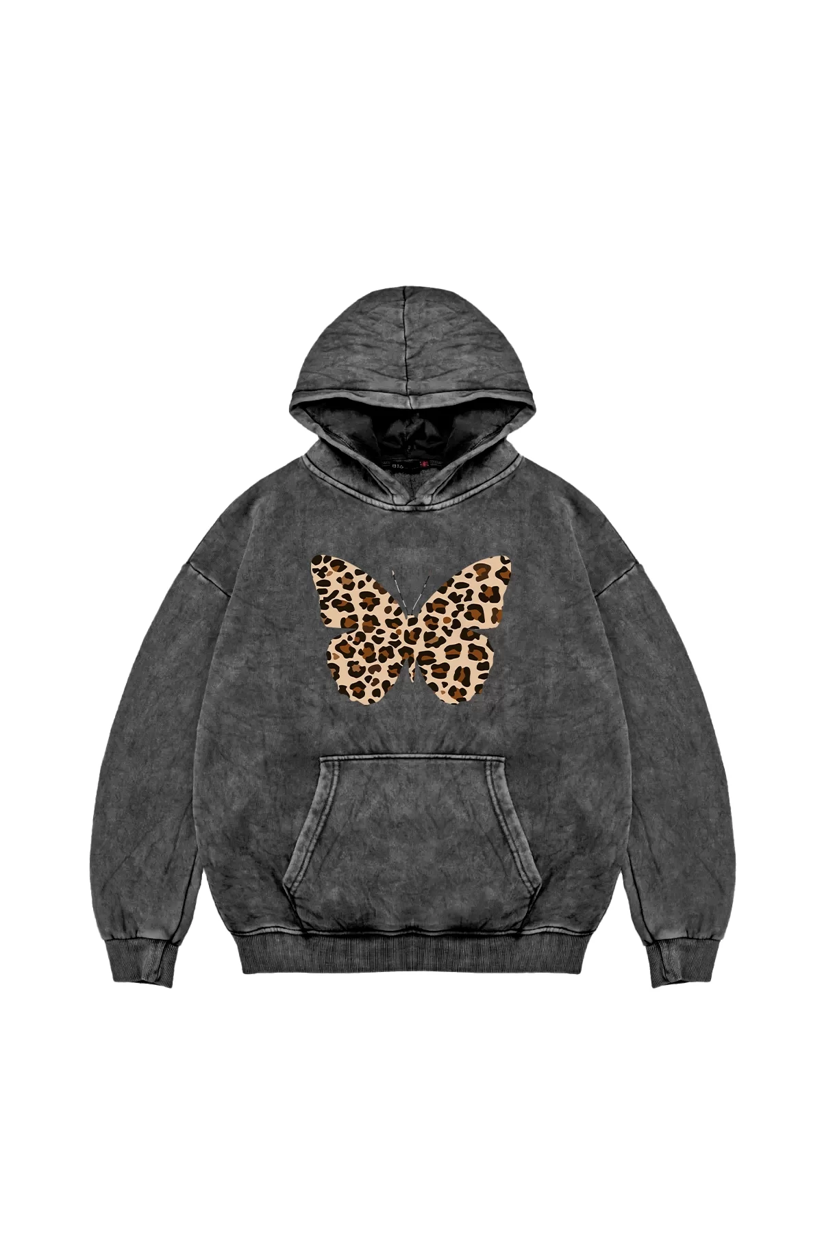 Butterfly Leopard Baskılı Oversize Unisex Premium Yıkamalı Siyah Hoodie