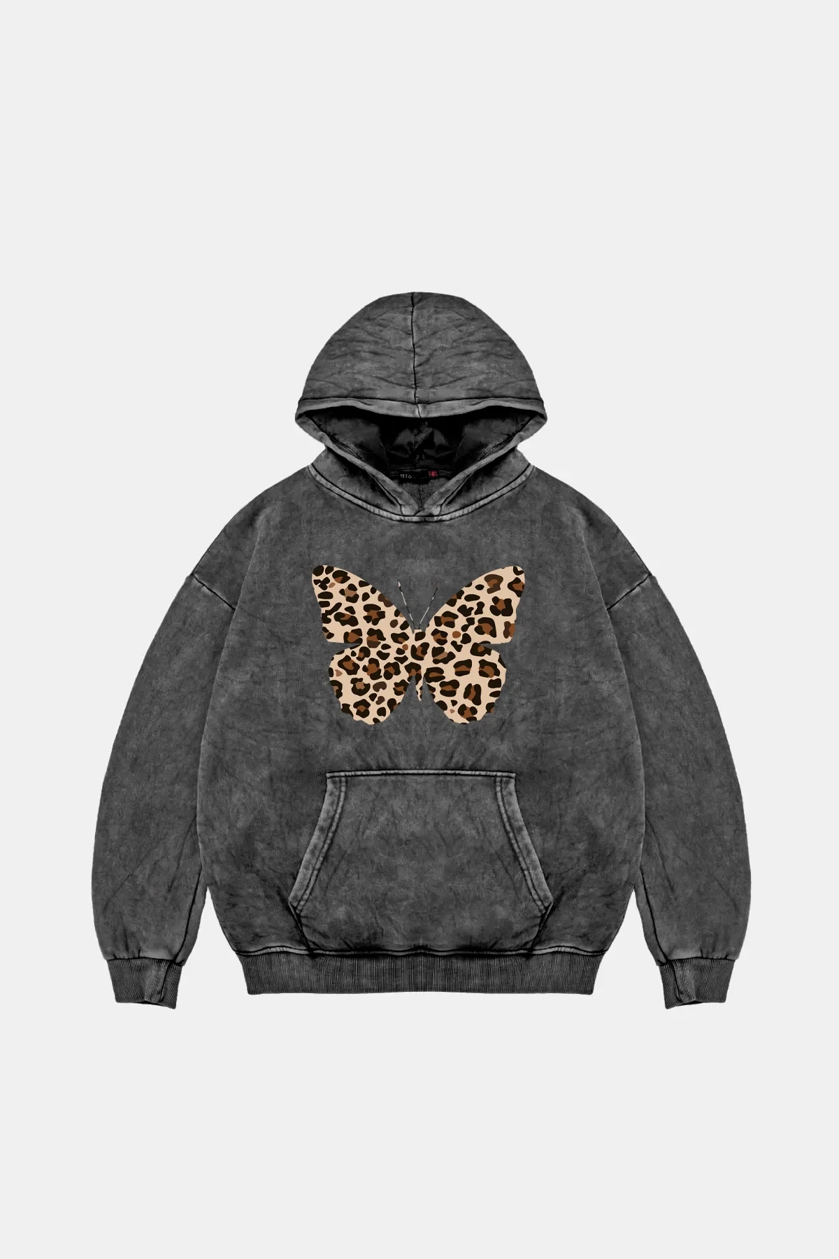 Butterfly Leopard Baskılı Oversize Unisex Premium Yıkamalı Siyah Hoodie