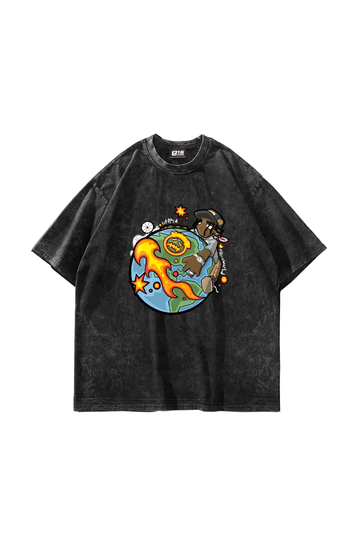 Cactus Jack Travis Baskılı Oversize Unisex Yıkamalı Siyah Tshirt