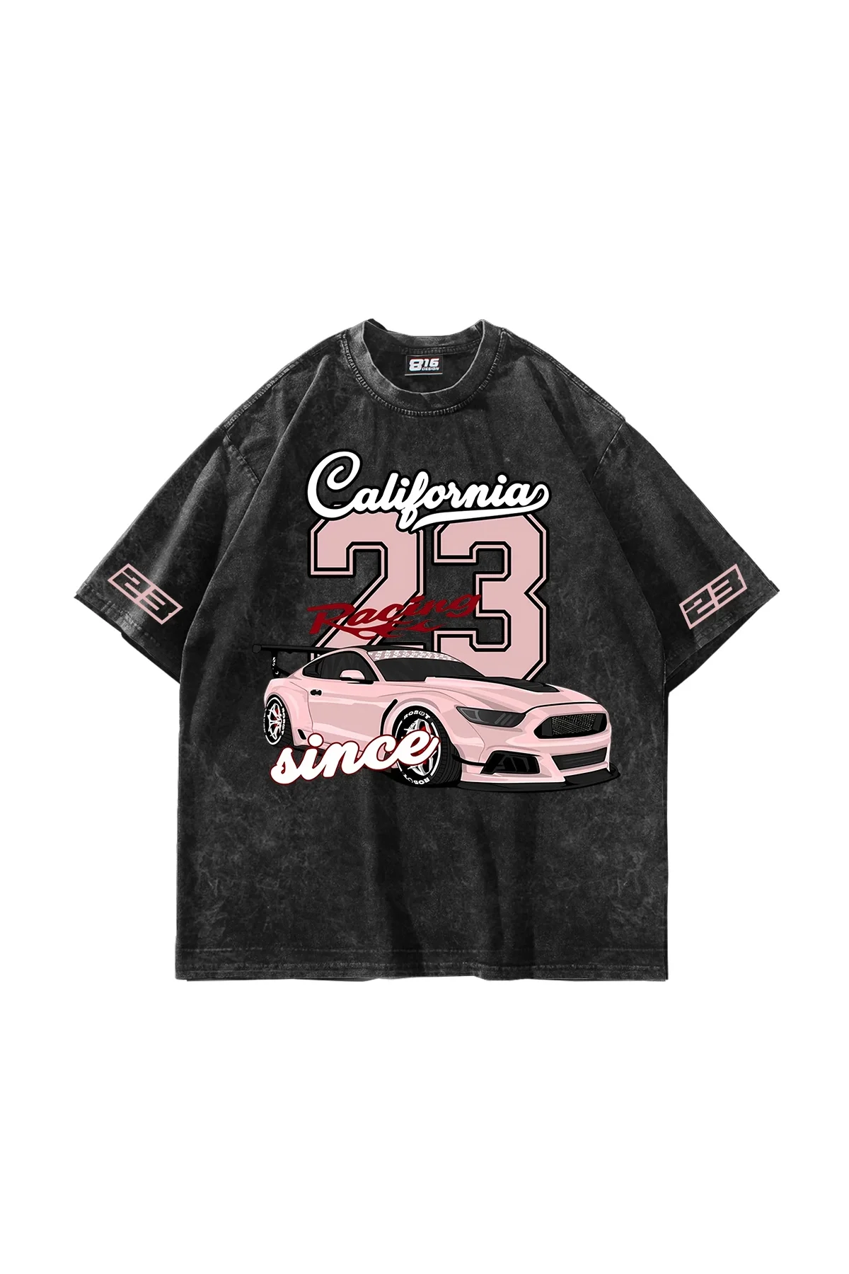 California Racing Baskılı Oversize Unisex Yıkamalı Siyah Tshirt