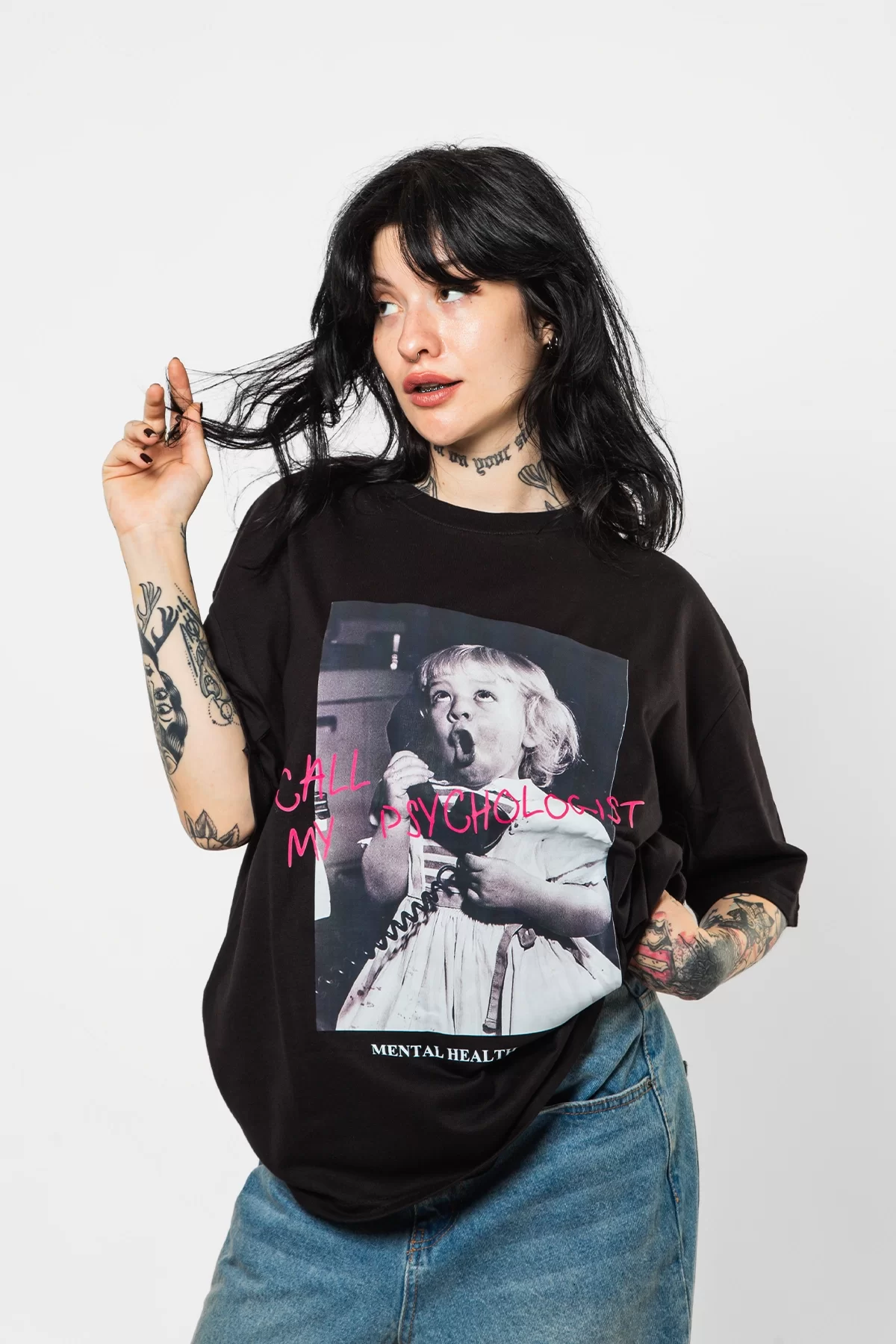 Call My Psychologist Baskılı Oversize Unisex Siyah Tshirt