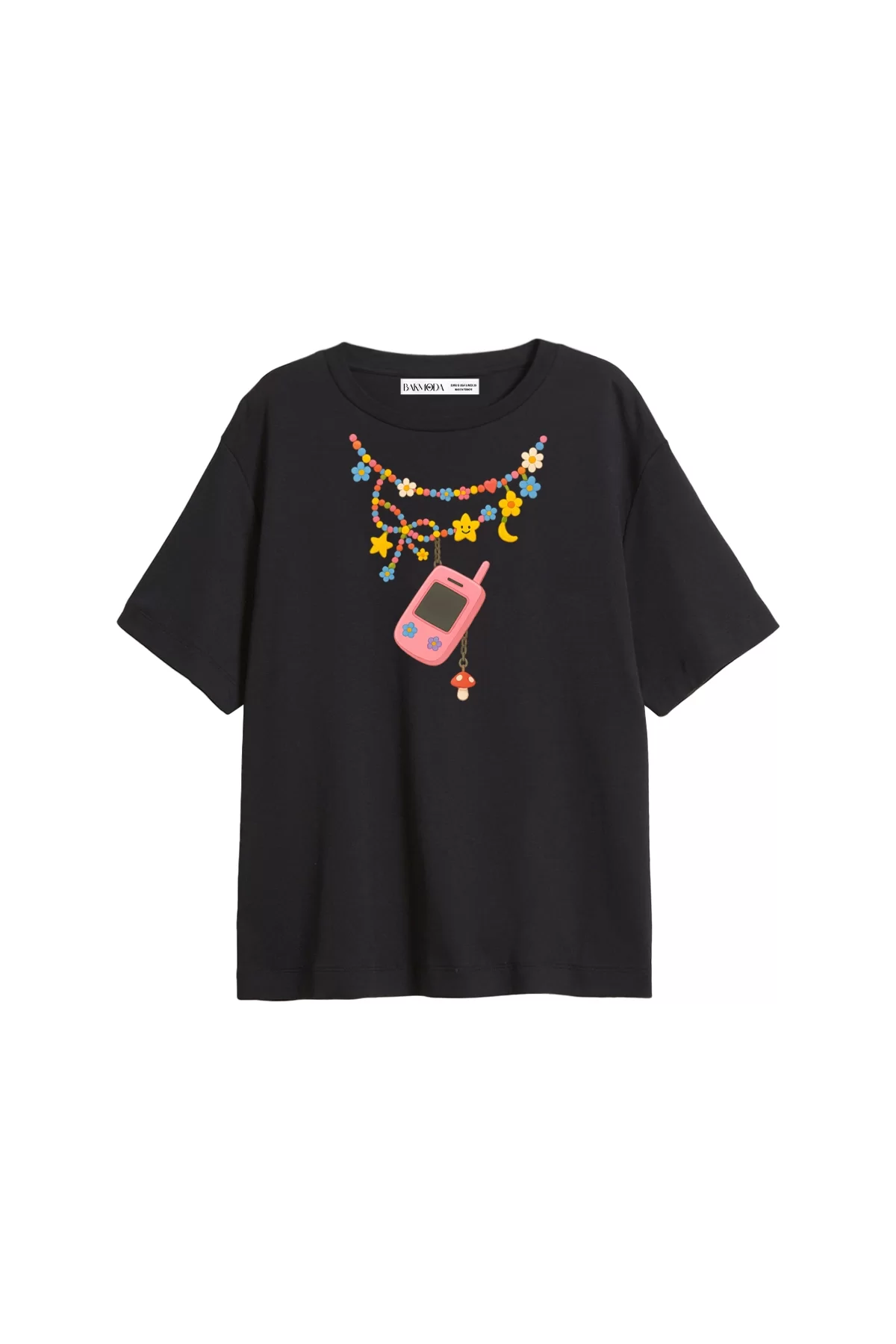 Candy Necklace Baskılı Relaxed Fit Siyah Kadın Tshirt