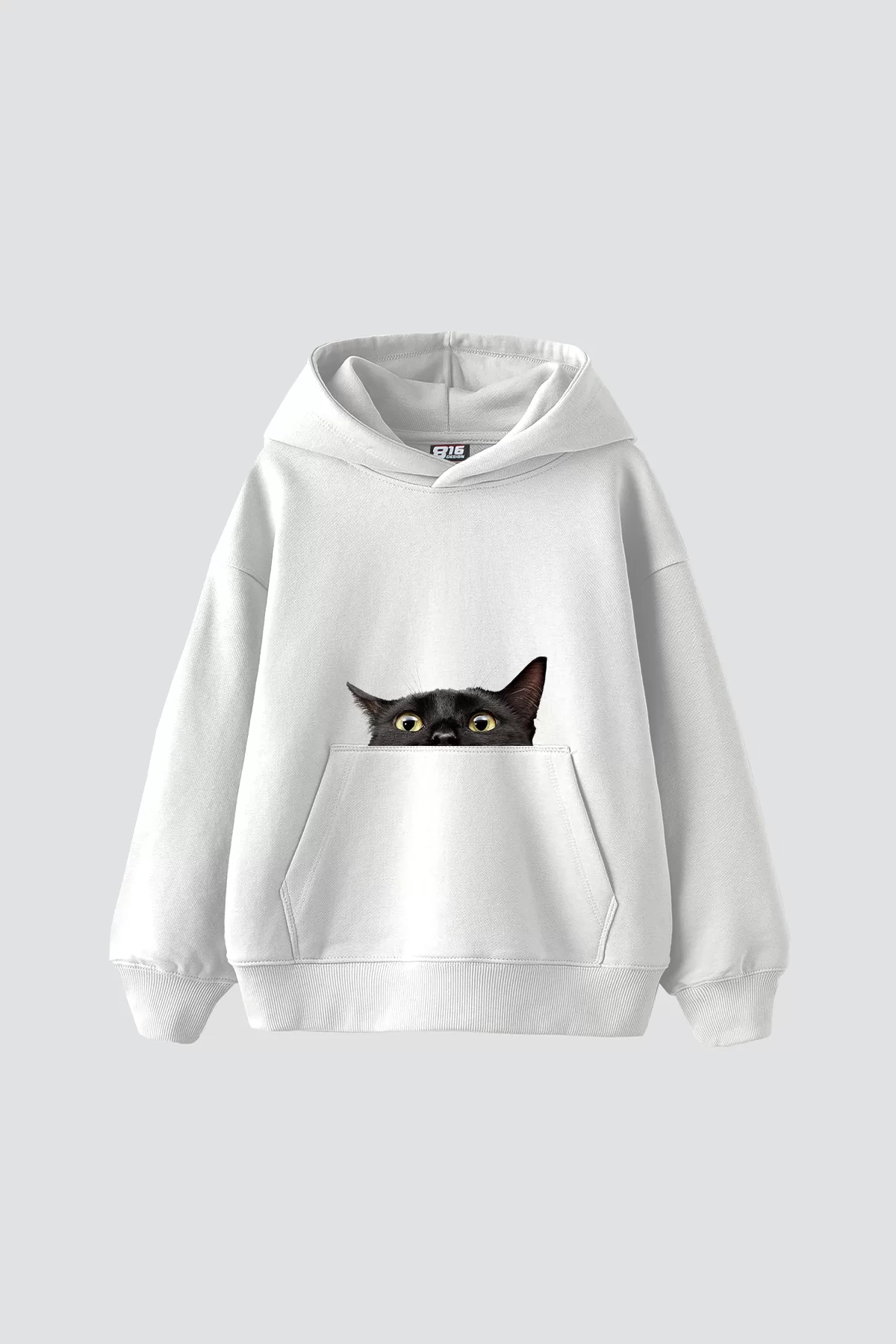 Black Cat Baskılı Oversize Unisex Premium Beyaz Hoodie