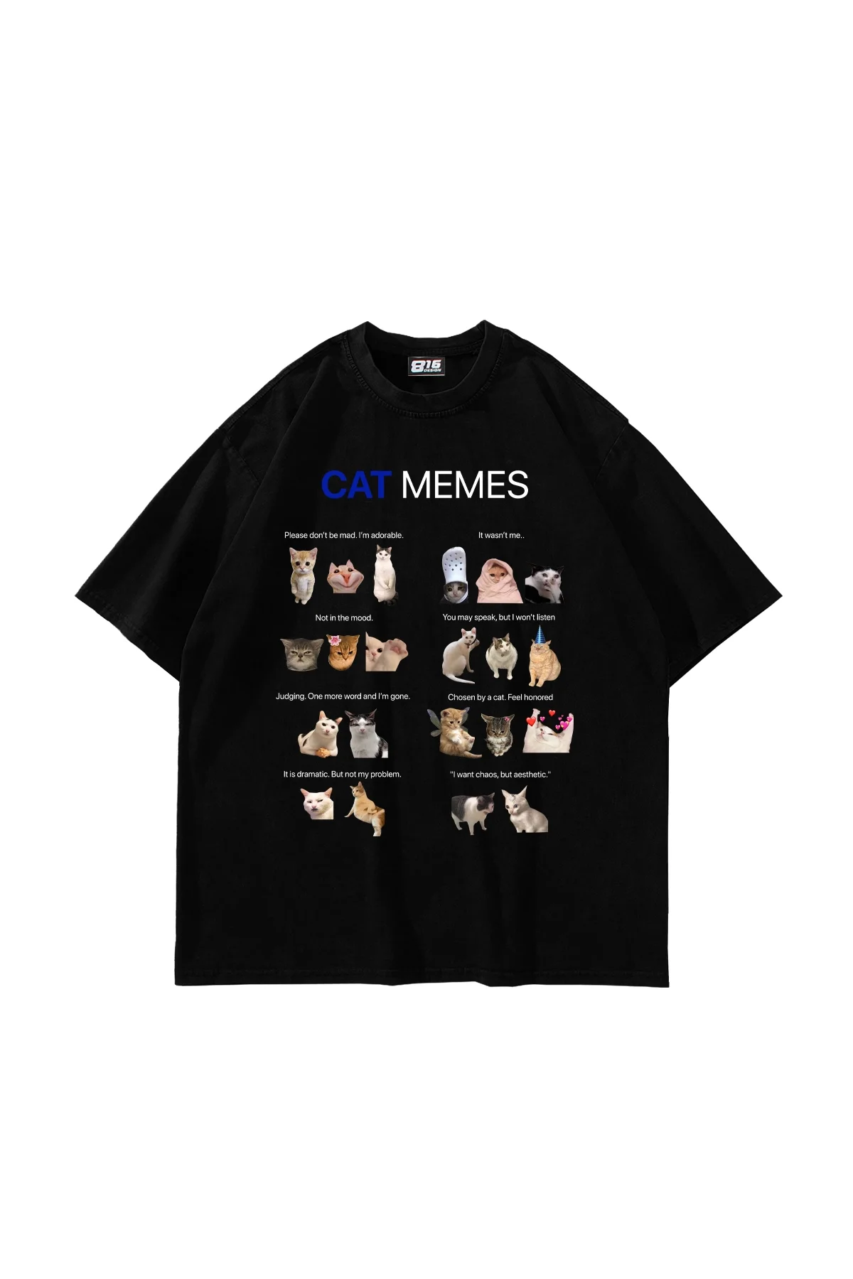 Cat Memes Baskılı Oversize Unisex Siyah Tshirt
