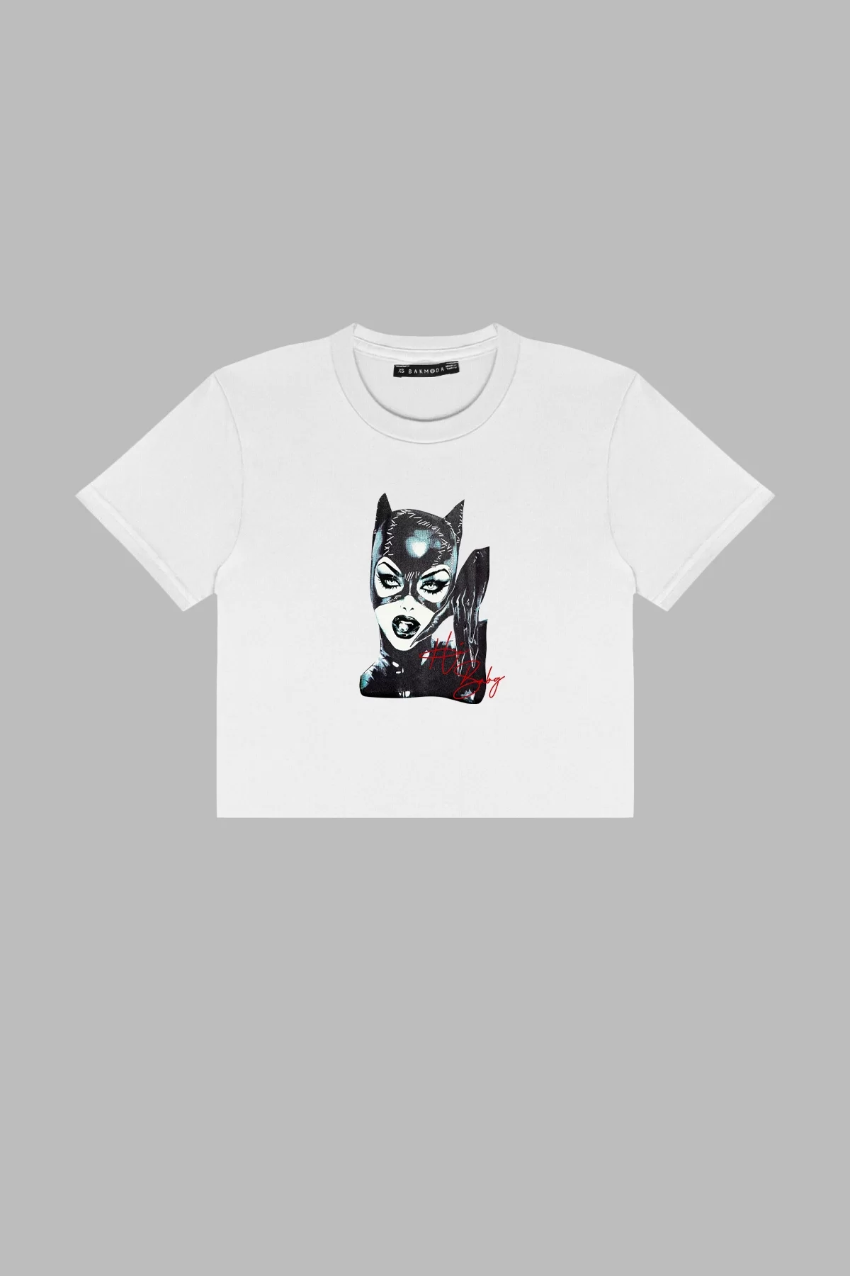Cat Woman Baskılı Beyaz Crop Top