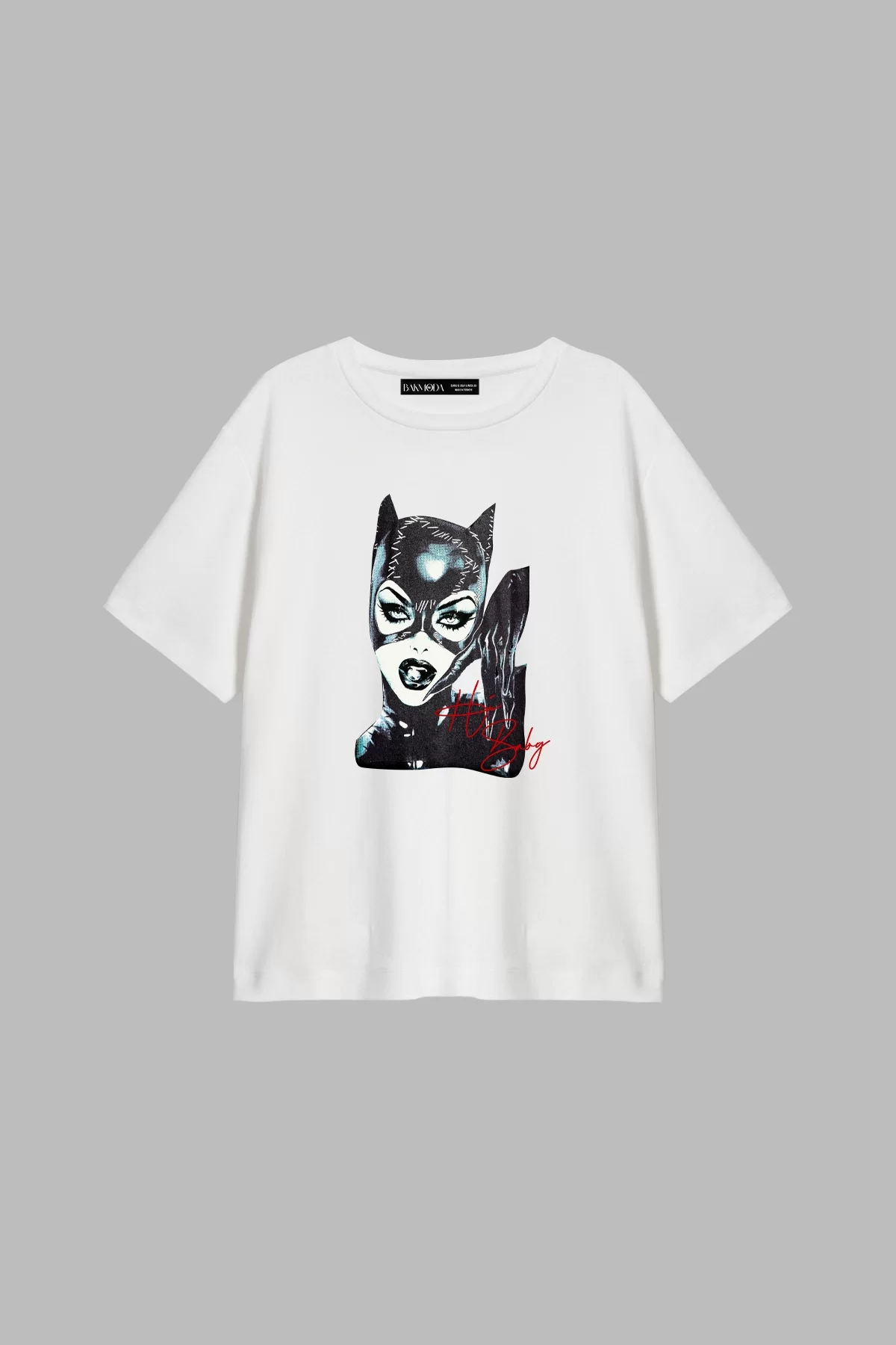 Cat Woman Baskılı Relaxed Fit Beyaz Kadın Tshirt